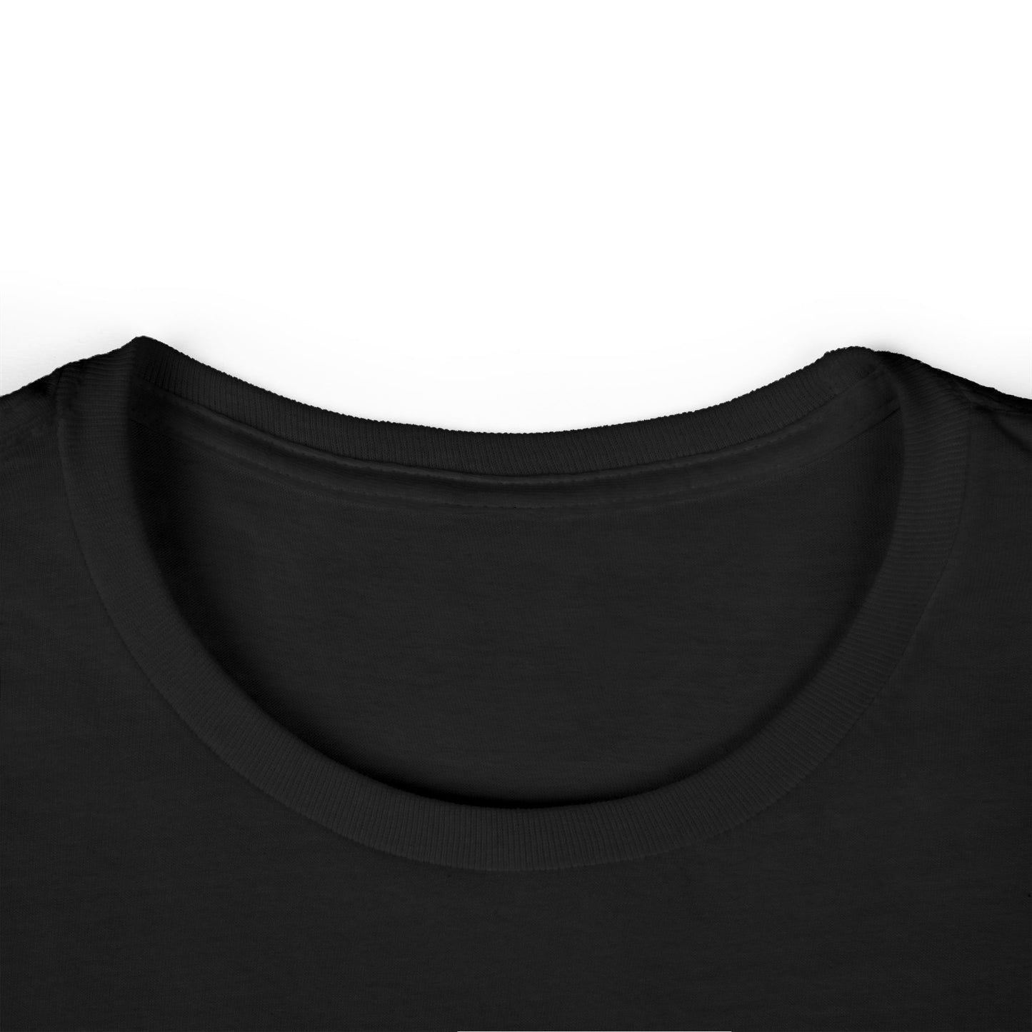 Close-up of the black tee’s neckline highlighting a soft ribbed collar with reinforced stitching and minimalist style.