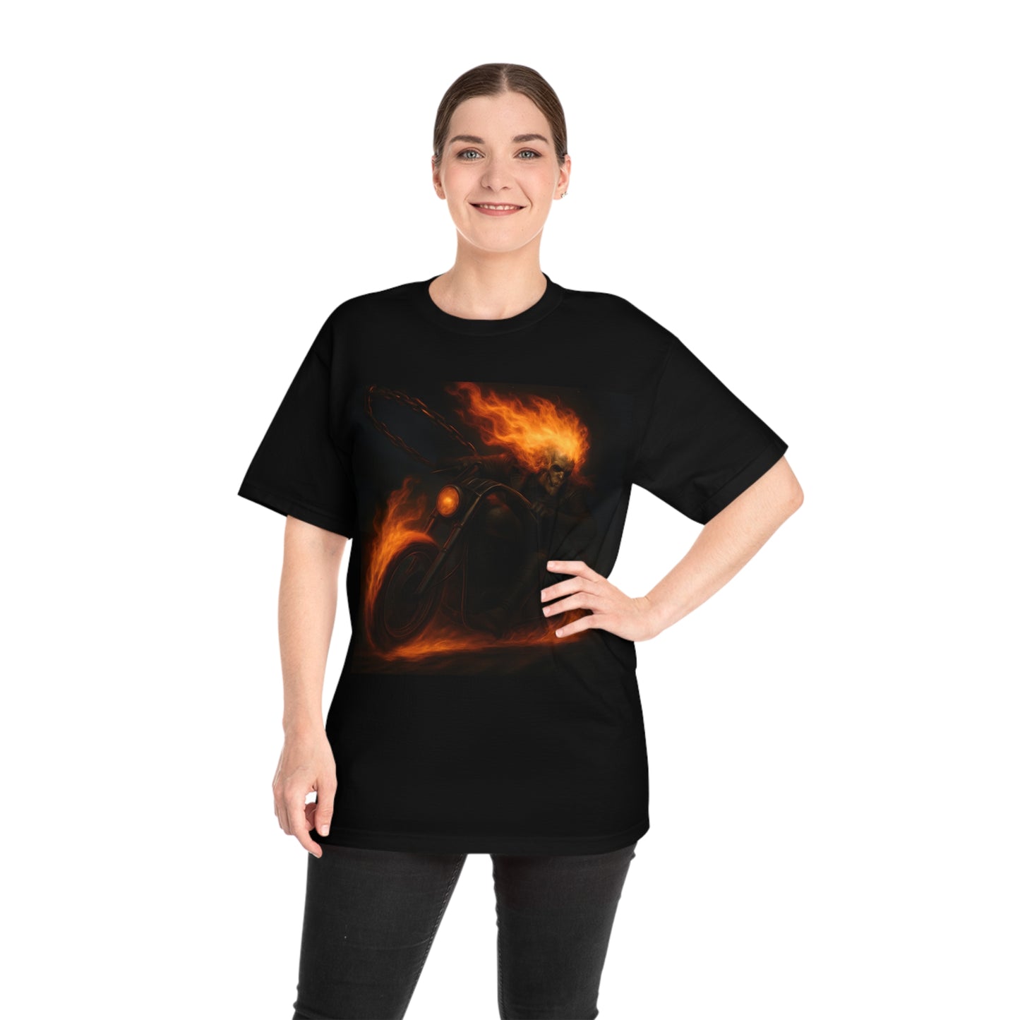 woman wearing a black t-shirt with a fiery bike rider in a white background