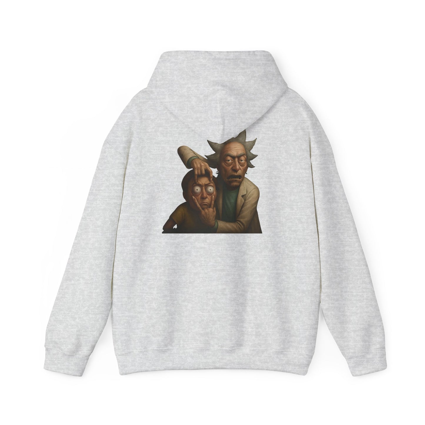 Gray hoodie with Rick revealing Morty’s face in cartoon-style back artwork