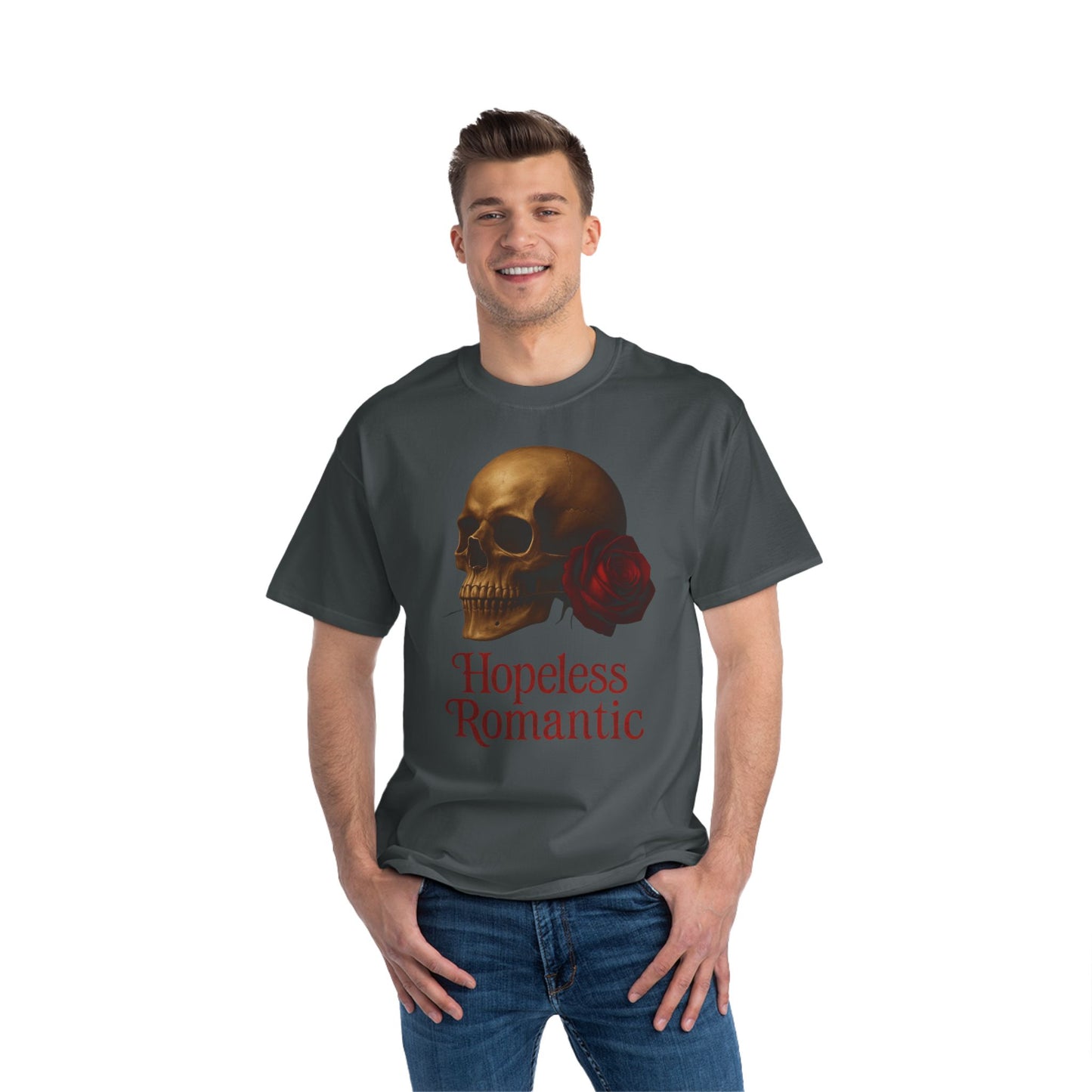 Man wearing a charcoal t-shirt with a skull and roses design and 'Hopeless Romantic' text.