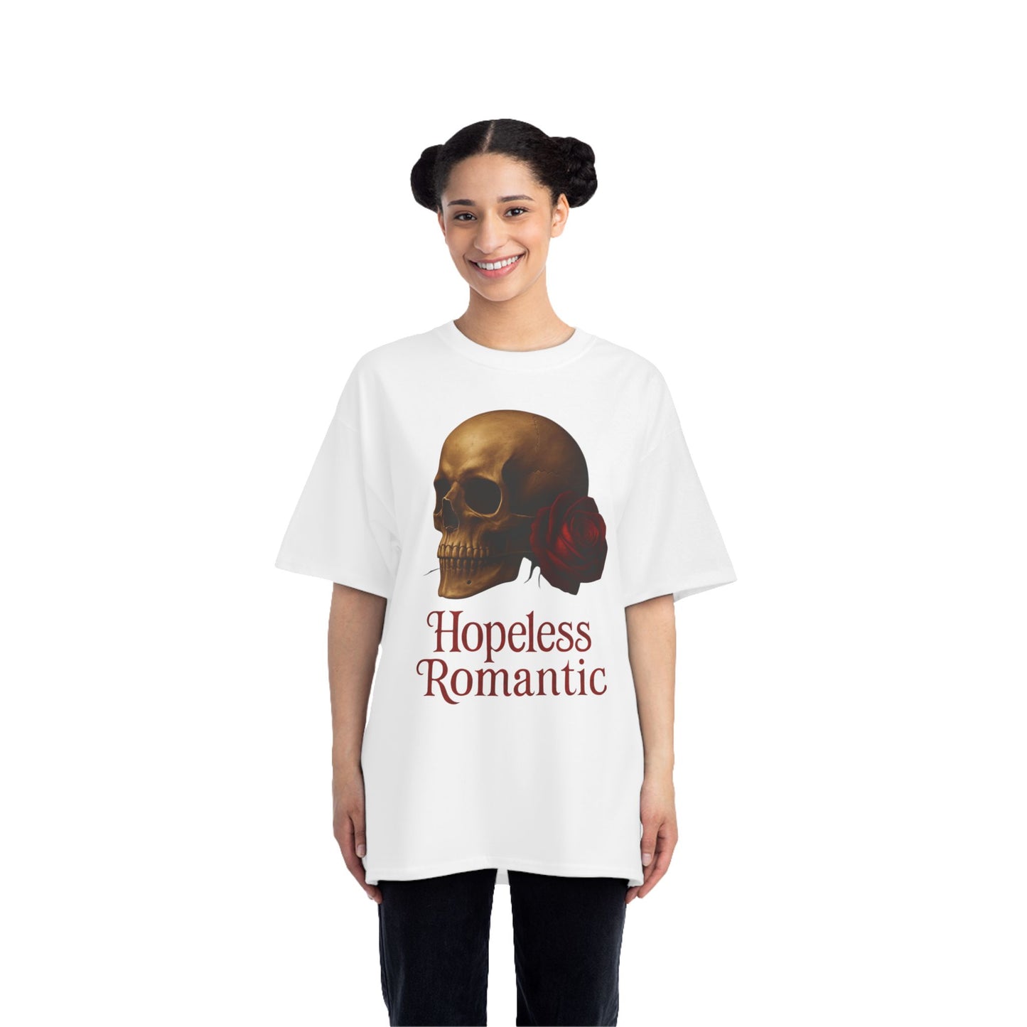 woman wearing a white t-shirt with a skull design and 'Hopeless Romantic' text on a white background