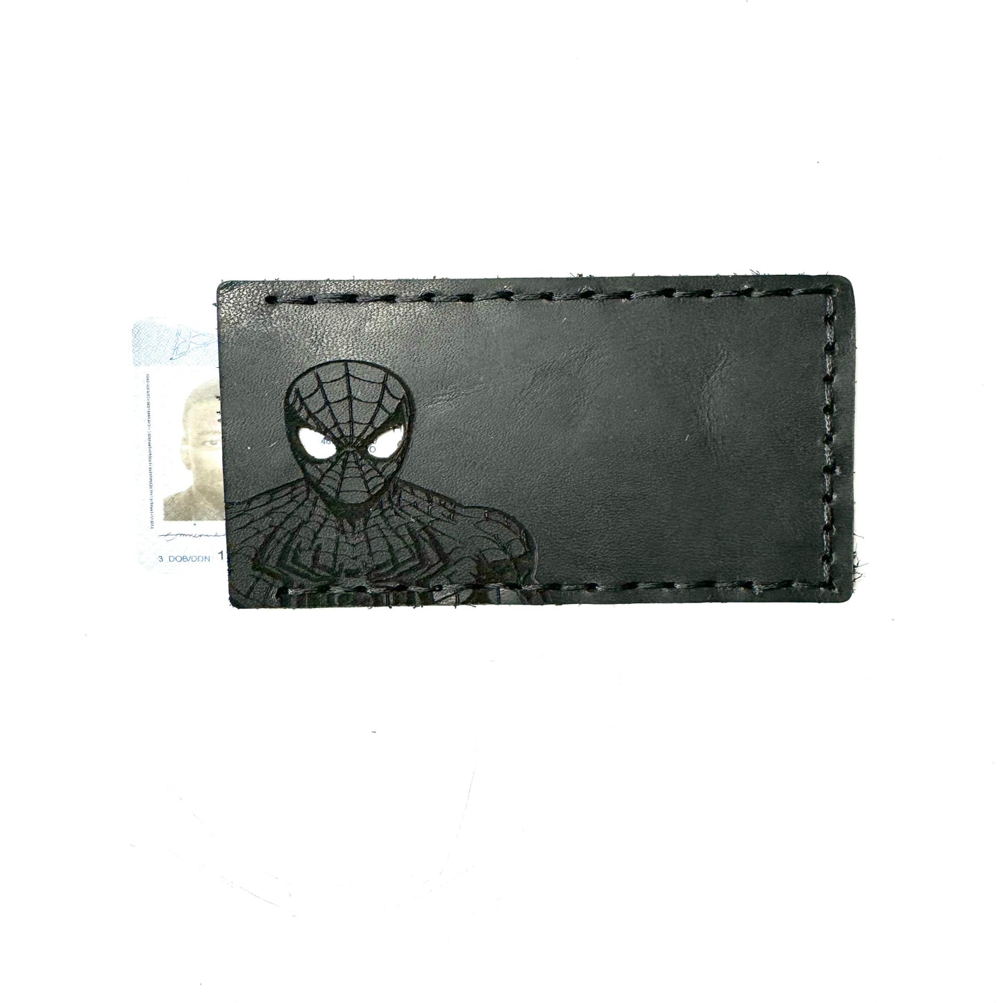 Black leather cardholder with Spider-Man design on a white background