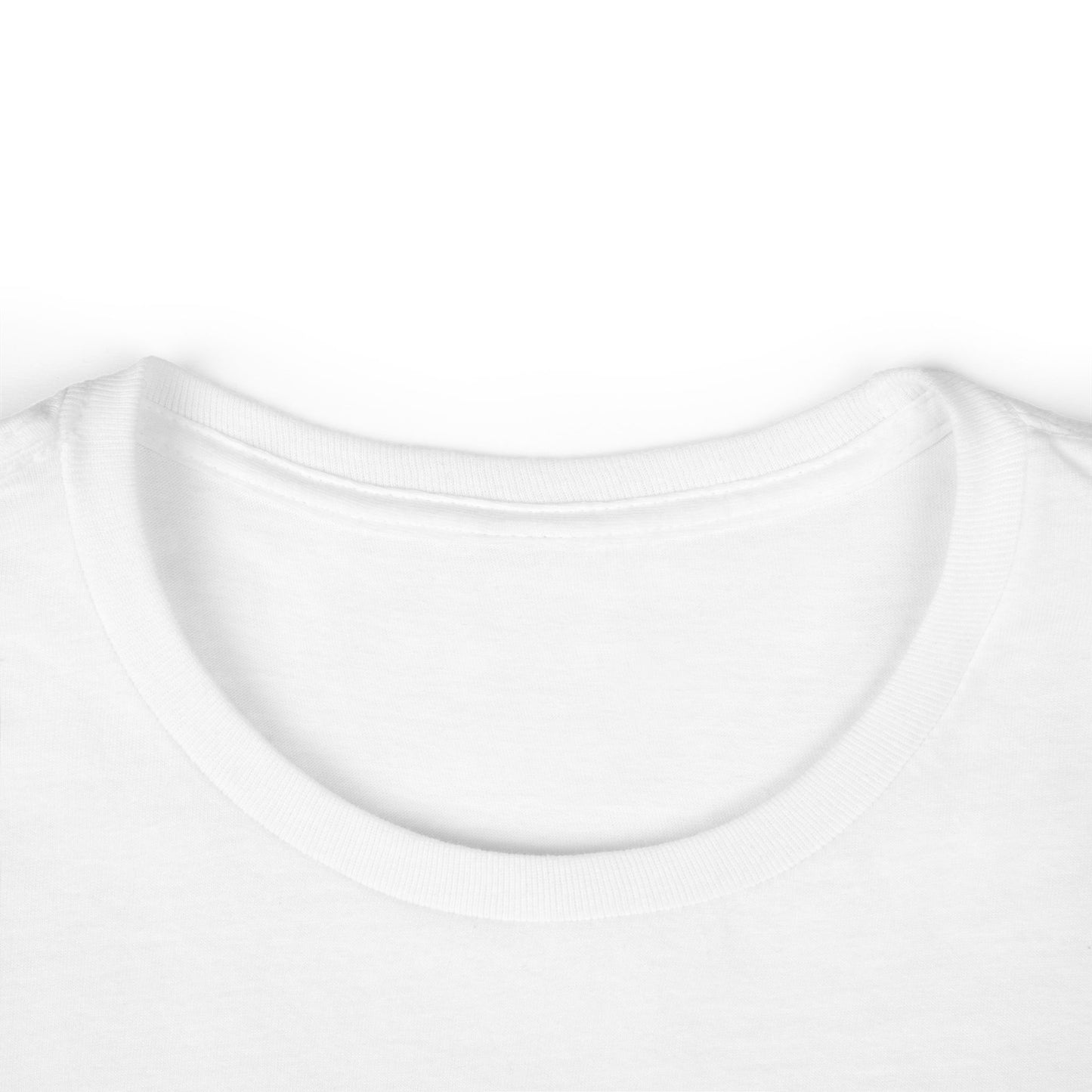Close-up of the white t-shirt’s neckline showing soft ribbed collar and clean stitching