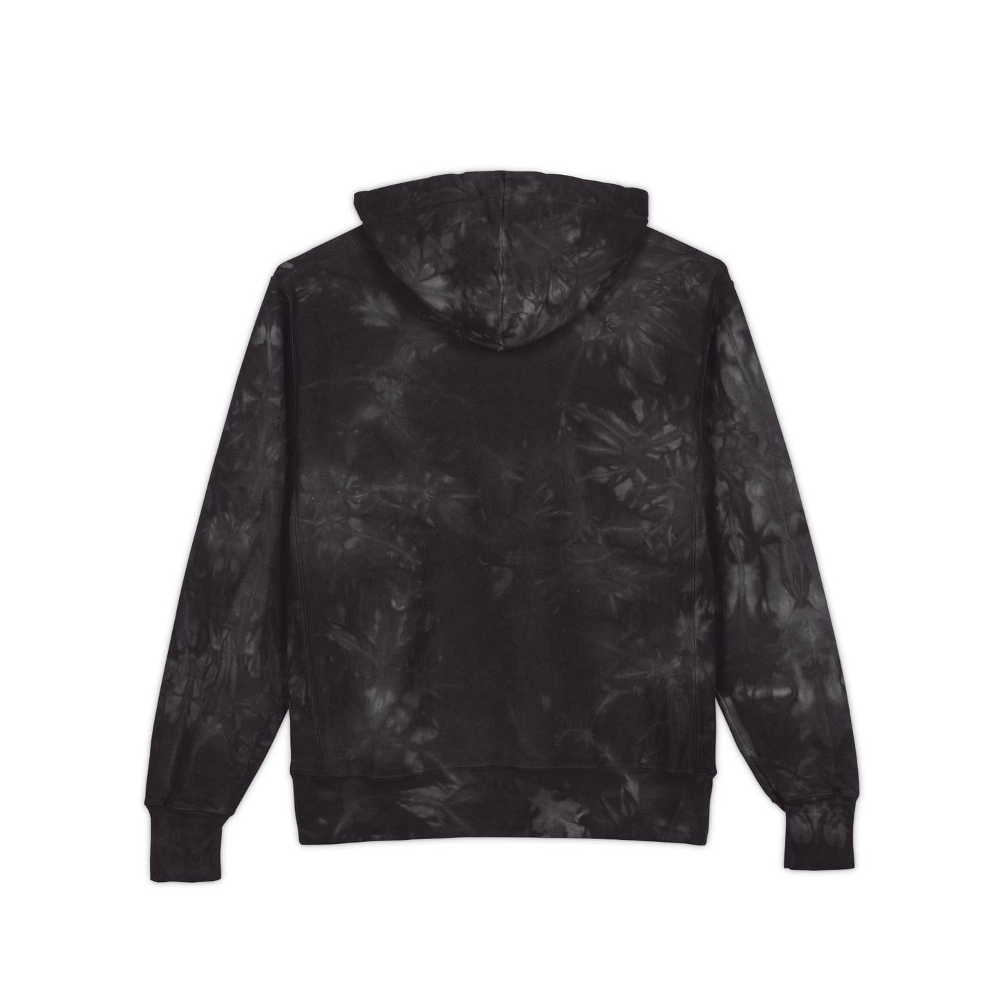 Black tie-dye hoodie with bold coffee design on chest, shown on relaxed female model back