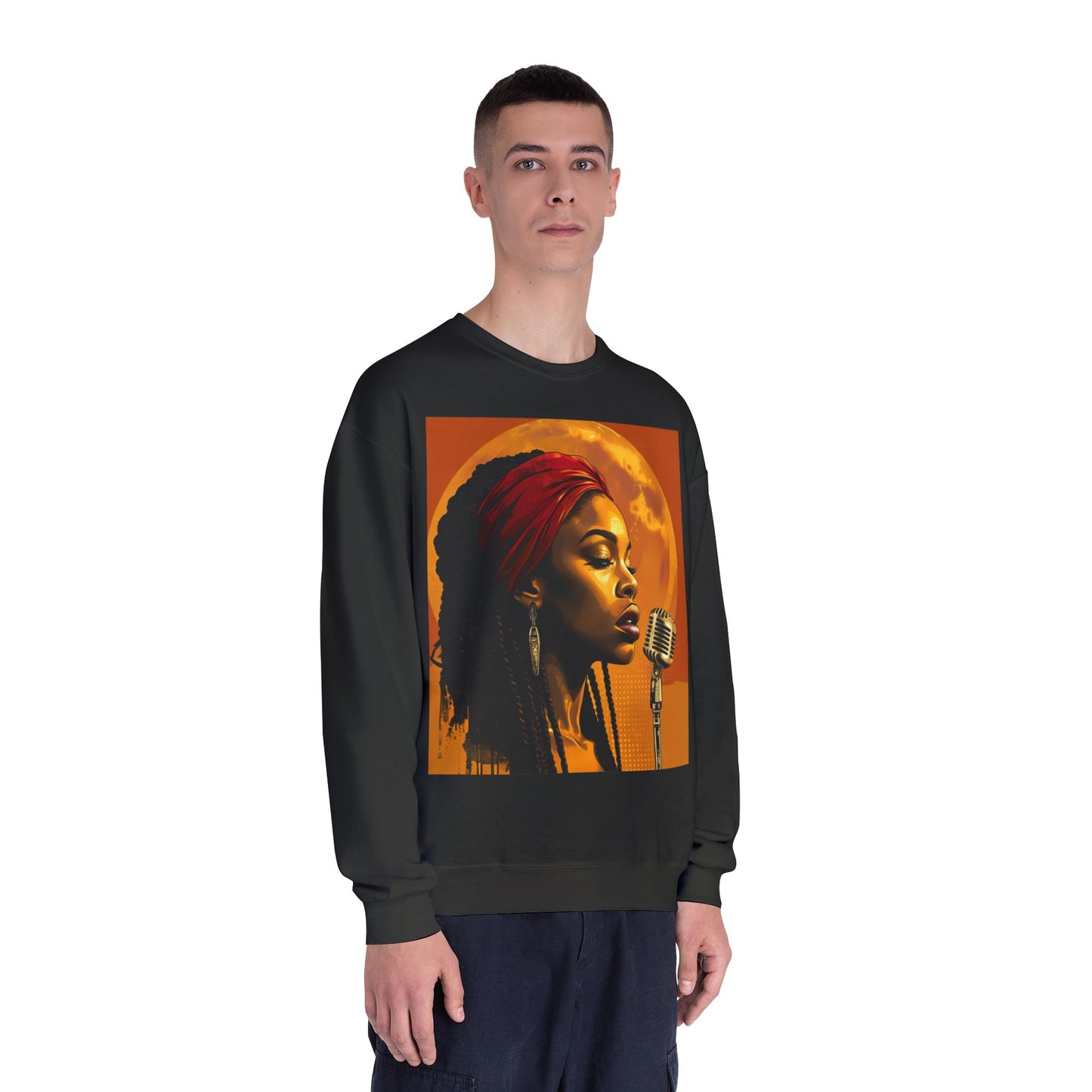 Black sweatshirt with a colorful graphic of a woman with red hair and a microphone