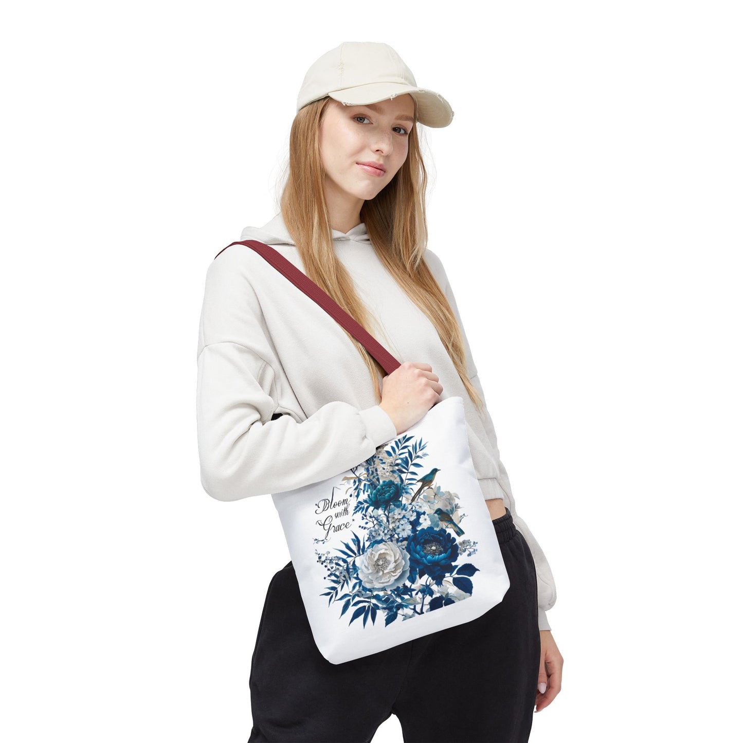 Botanicals Tote Bag with the word Bloom with Grace and a red handle