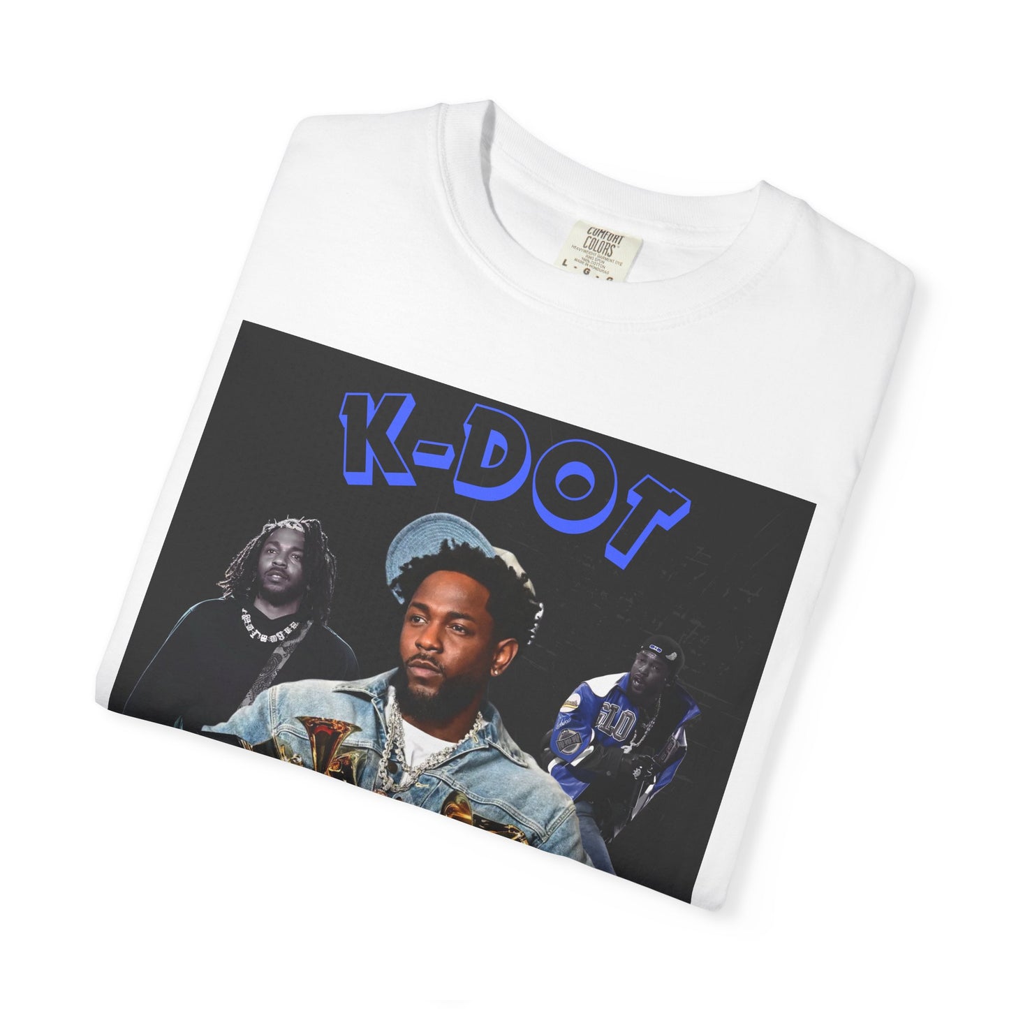 White t-shirt with graphic design featuring three individuals and 'K-DOT' text on a black background