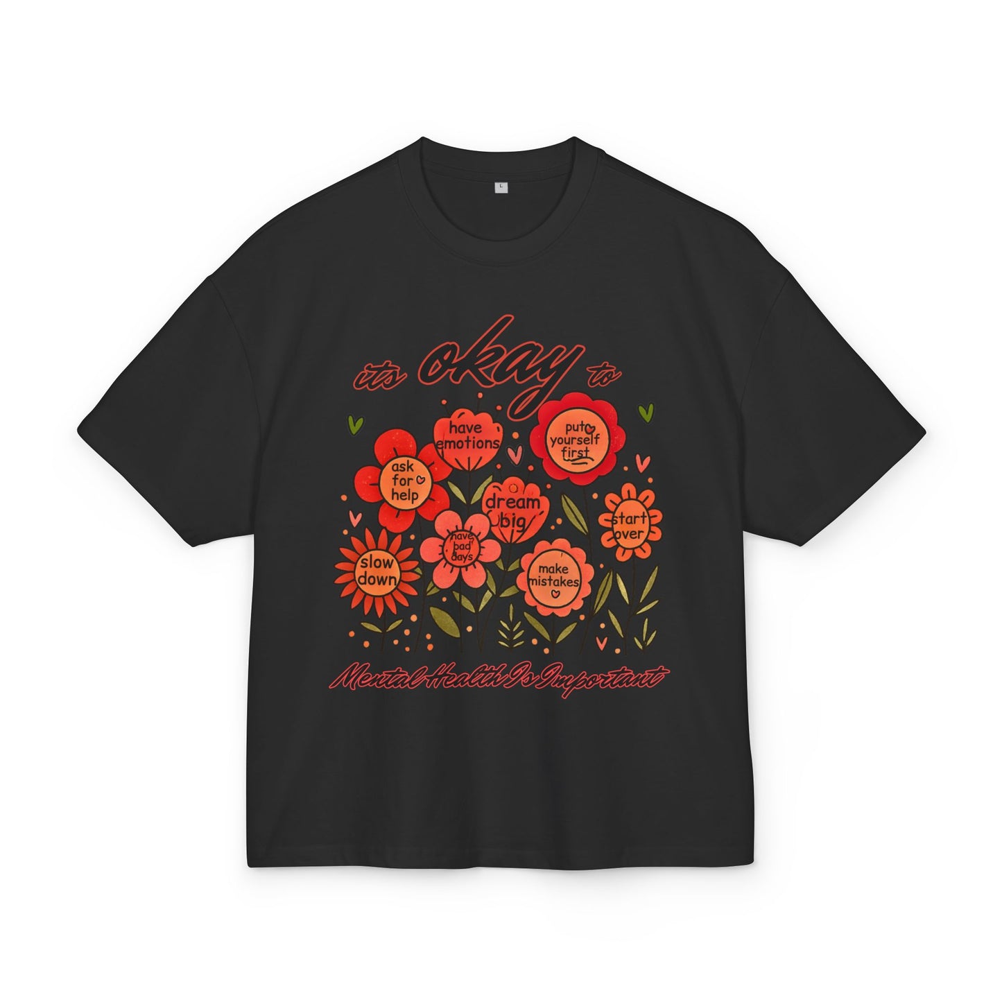 Black t-shirt with red floral design and text on a white background