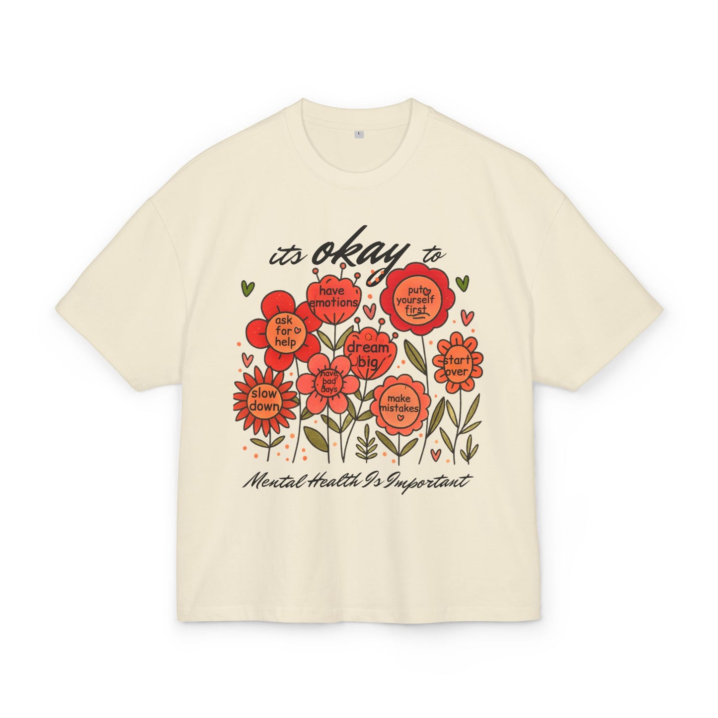 Beige t-shirt with red floral design and motivational text on a white background