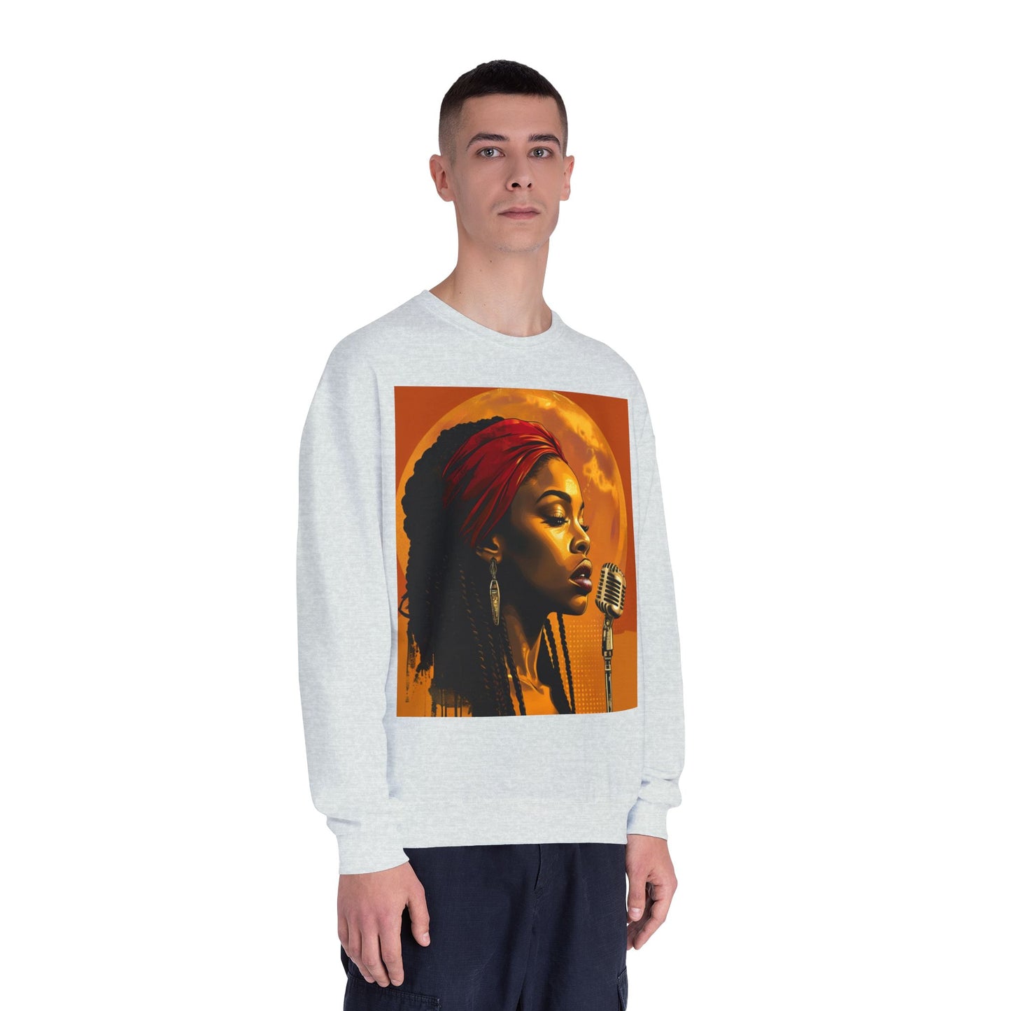 gray sweatshirt with a graphic of a woman with a microphone on a white background