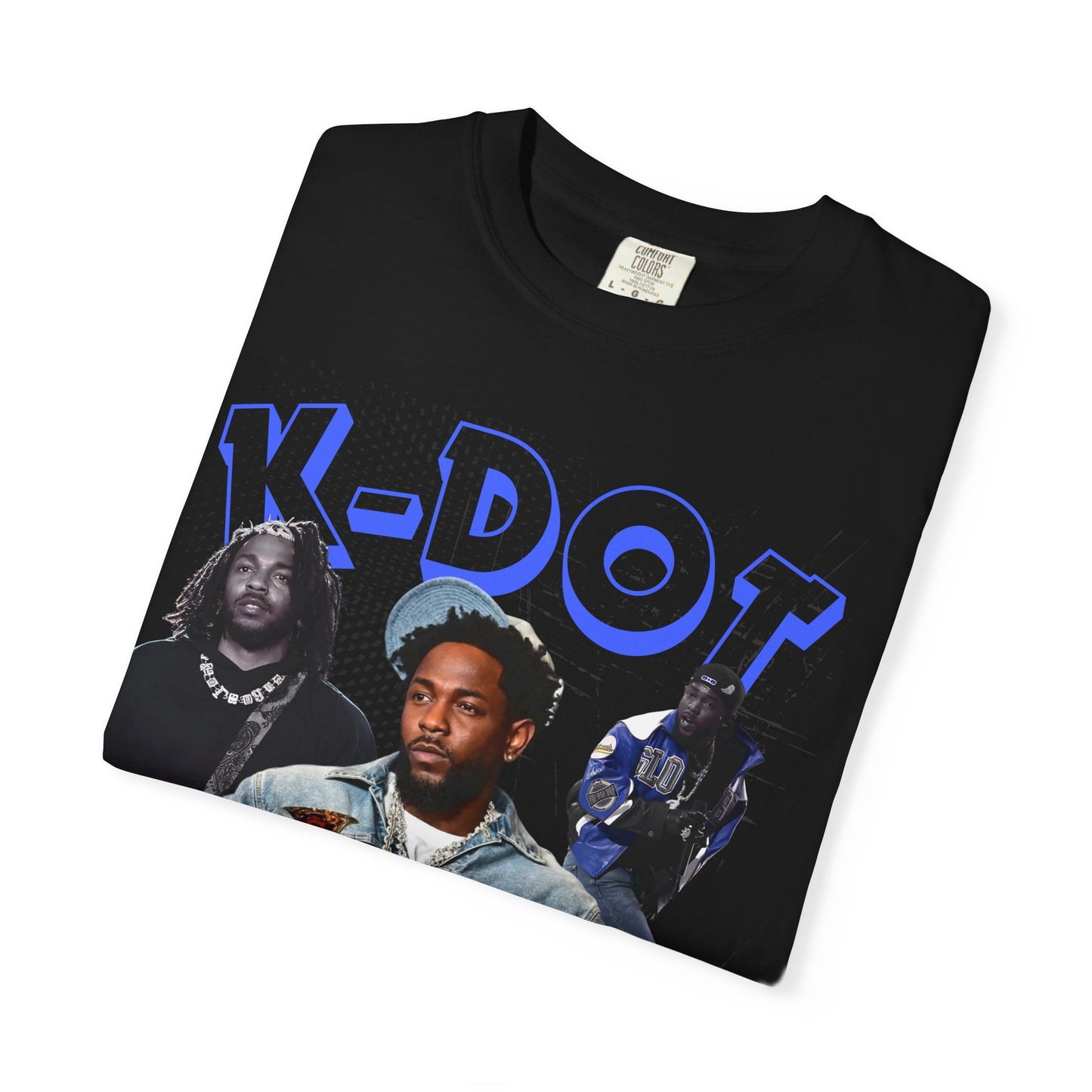 Black t-shirt with 'K-Dot' graphic and images of a kendrick lamar on a white background