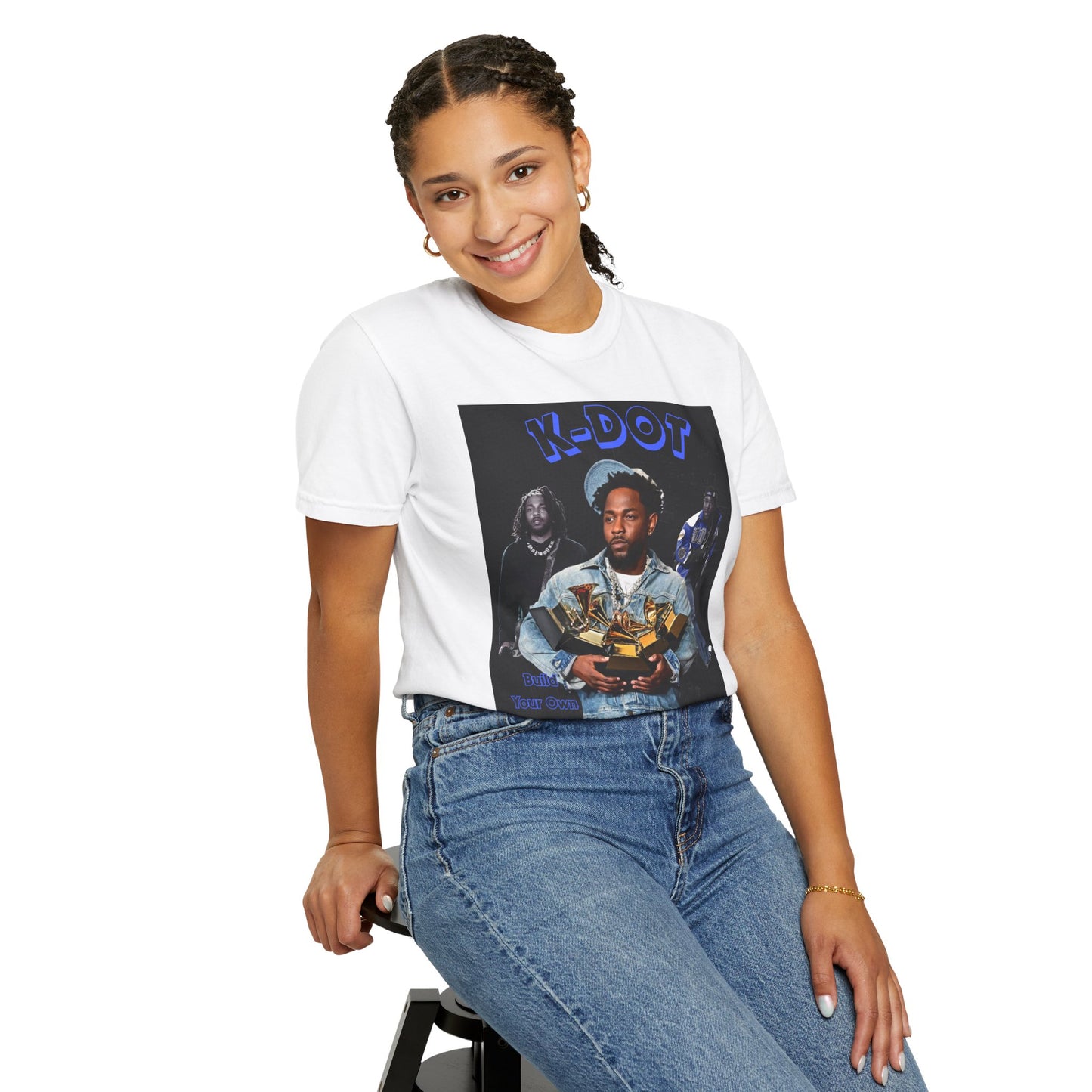 woman wearing a white t-shirt with a graphic design of kendrick lamar in front