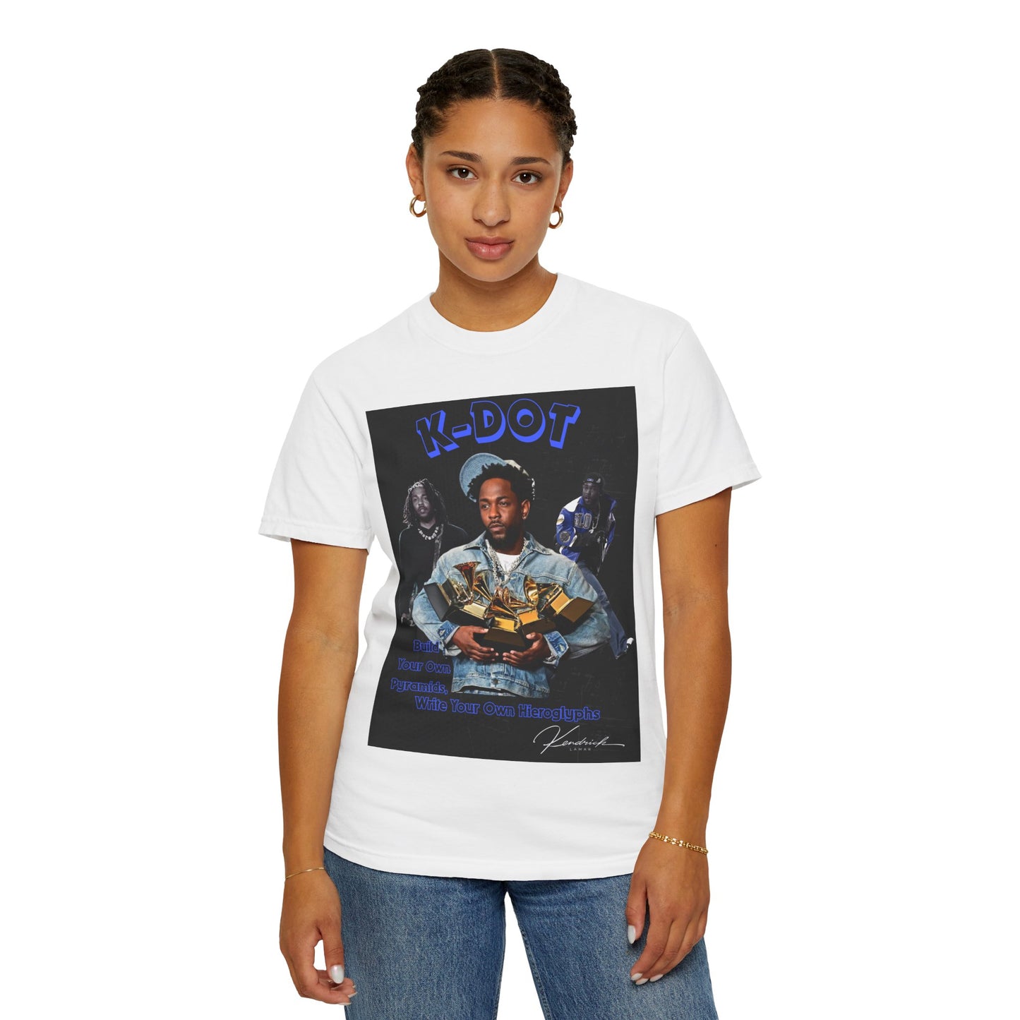 Person wearing a white t-shirt with a graphic design on a white background