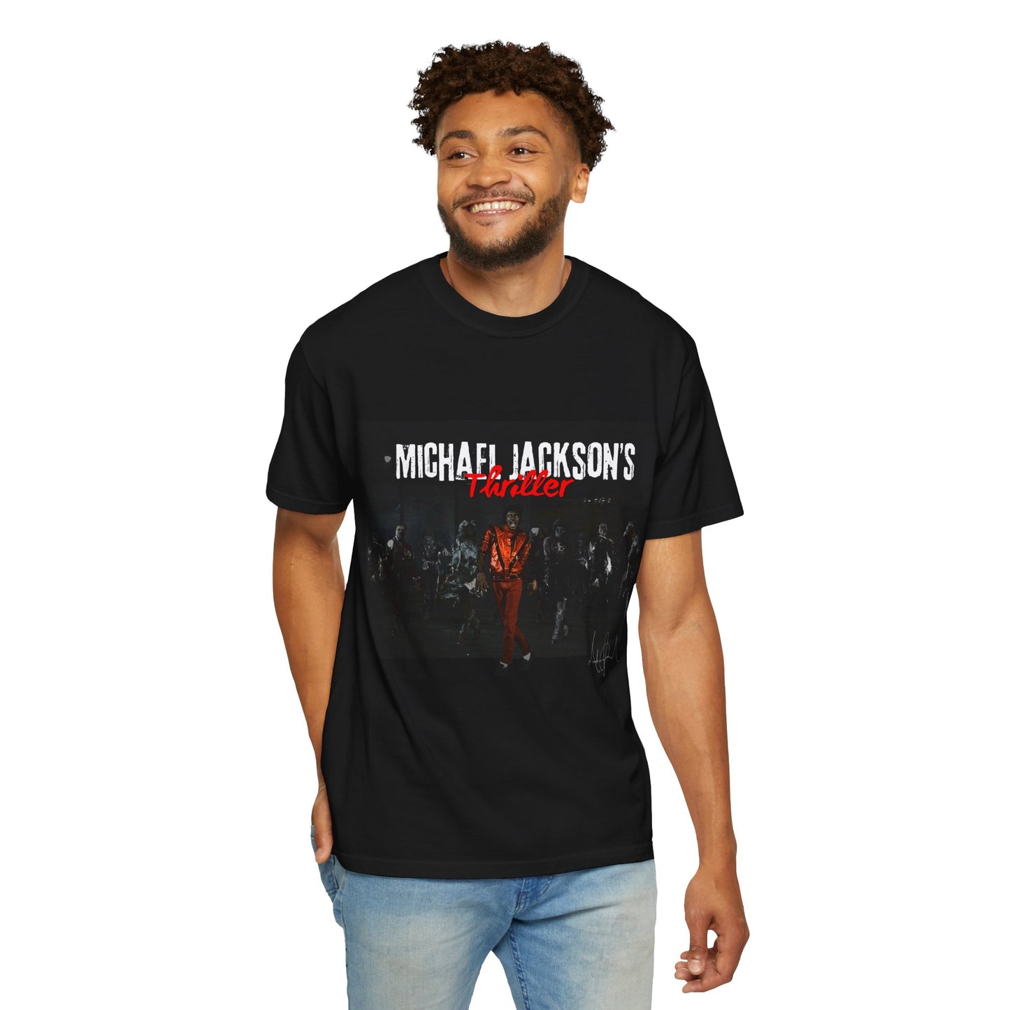 Man wearing a black t-shirt with 'Michael Jackson's Thriller' design on a white background