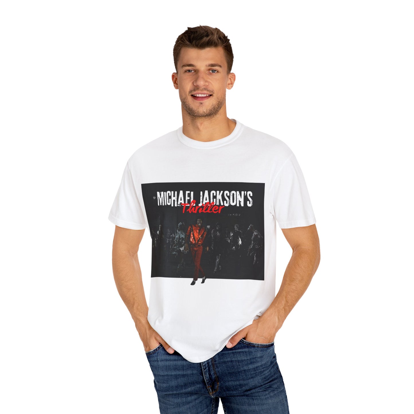 Man wearing a white t-shirt with a graphic design of Michael Jackson and text on a white background