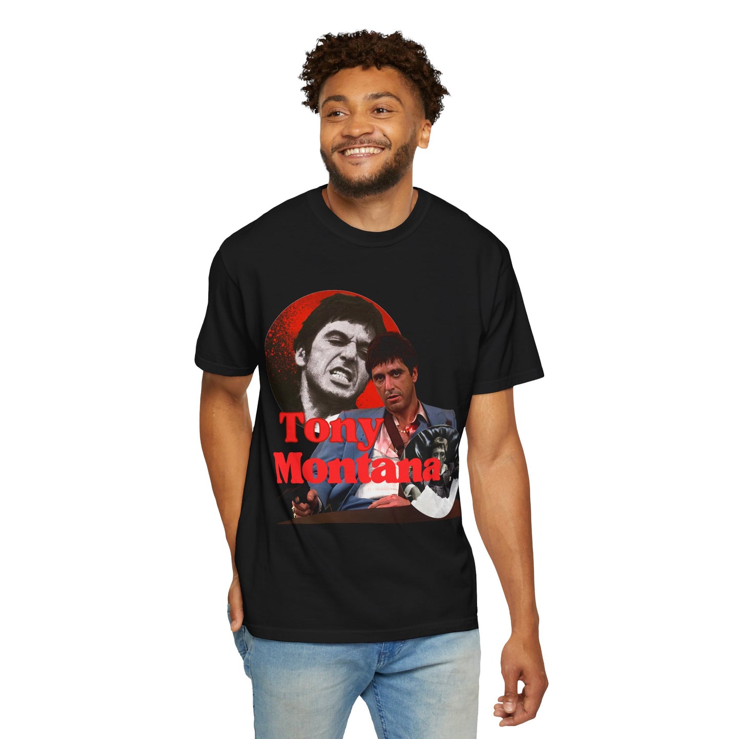 Man wearing a black t-shirt with 'Tony Montana' graphic design on a white background
