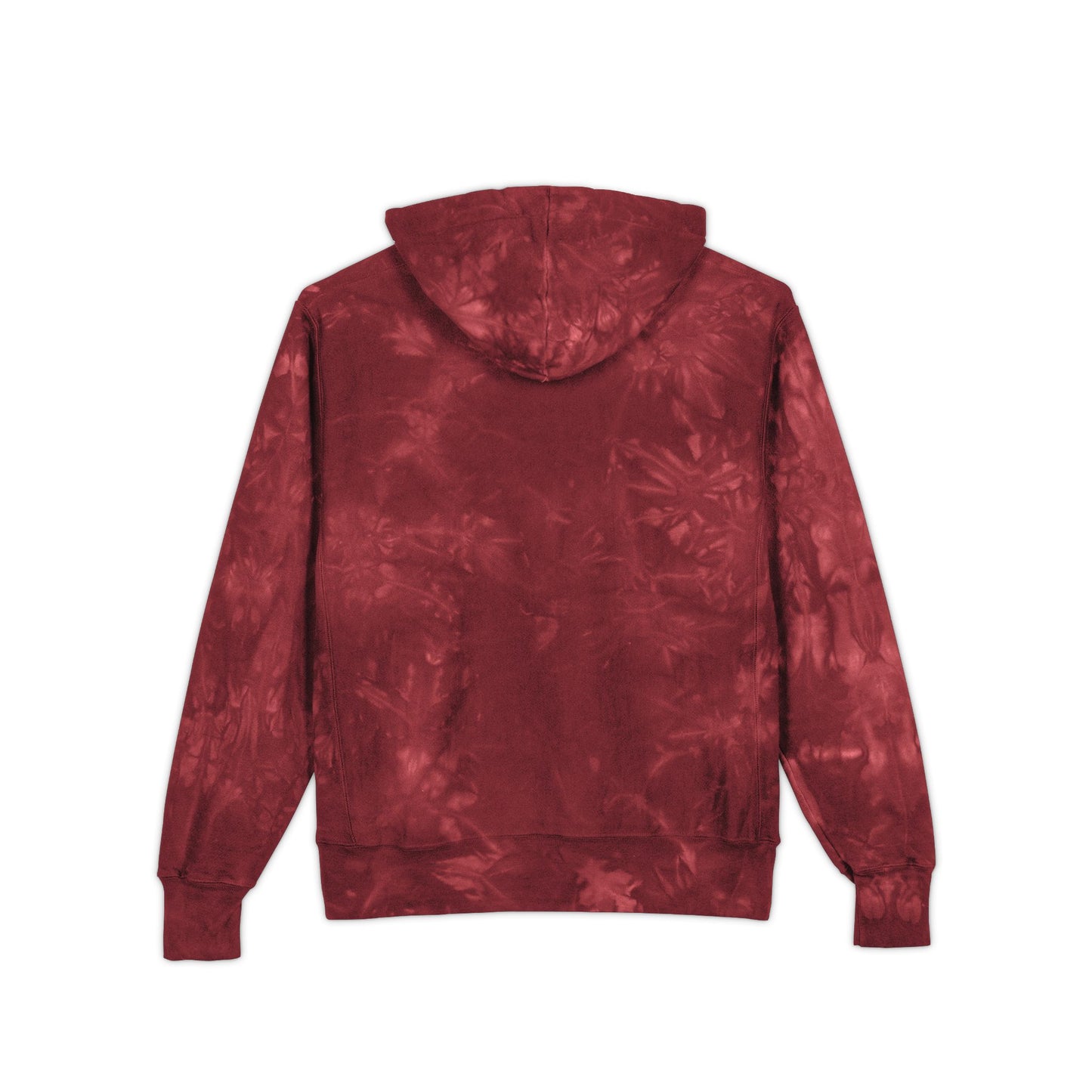Maroon tie-dye hoodie with “100% Powered by Coffee” graphic worn by smiling model back