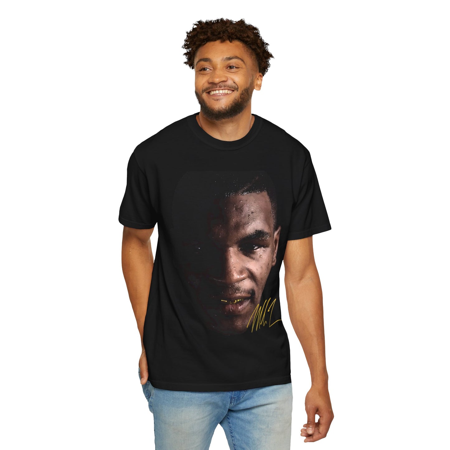 man wearing a black t-shirt with a graphic design of mike tyson