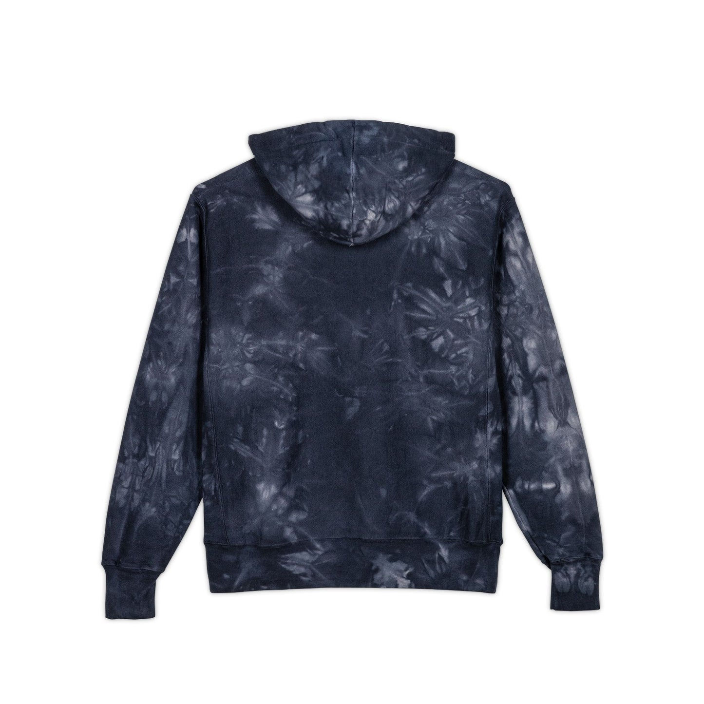 back Navy tie-dye hoodie featuring fun coffee graphic, modeled with hands in pockets