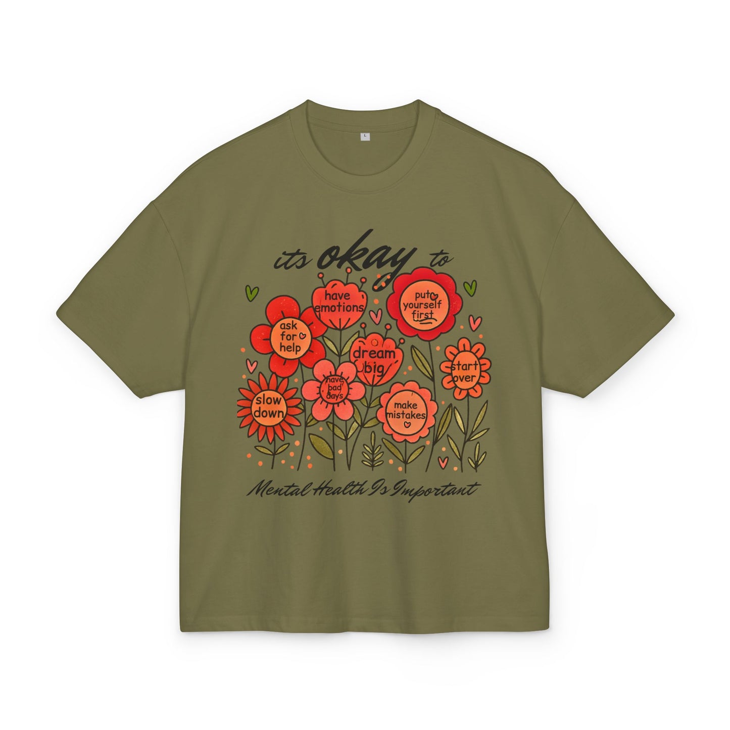 Green t-shirt with floral design and motivational text on a white background