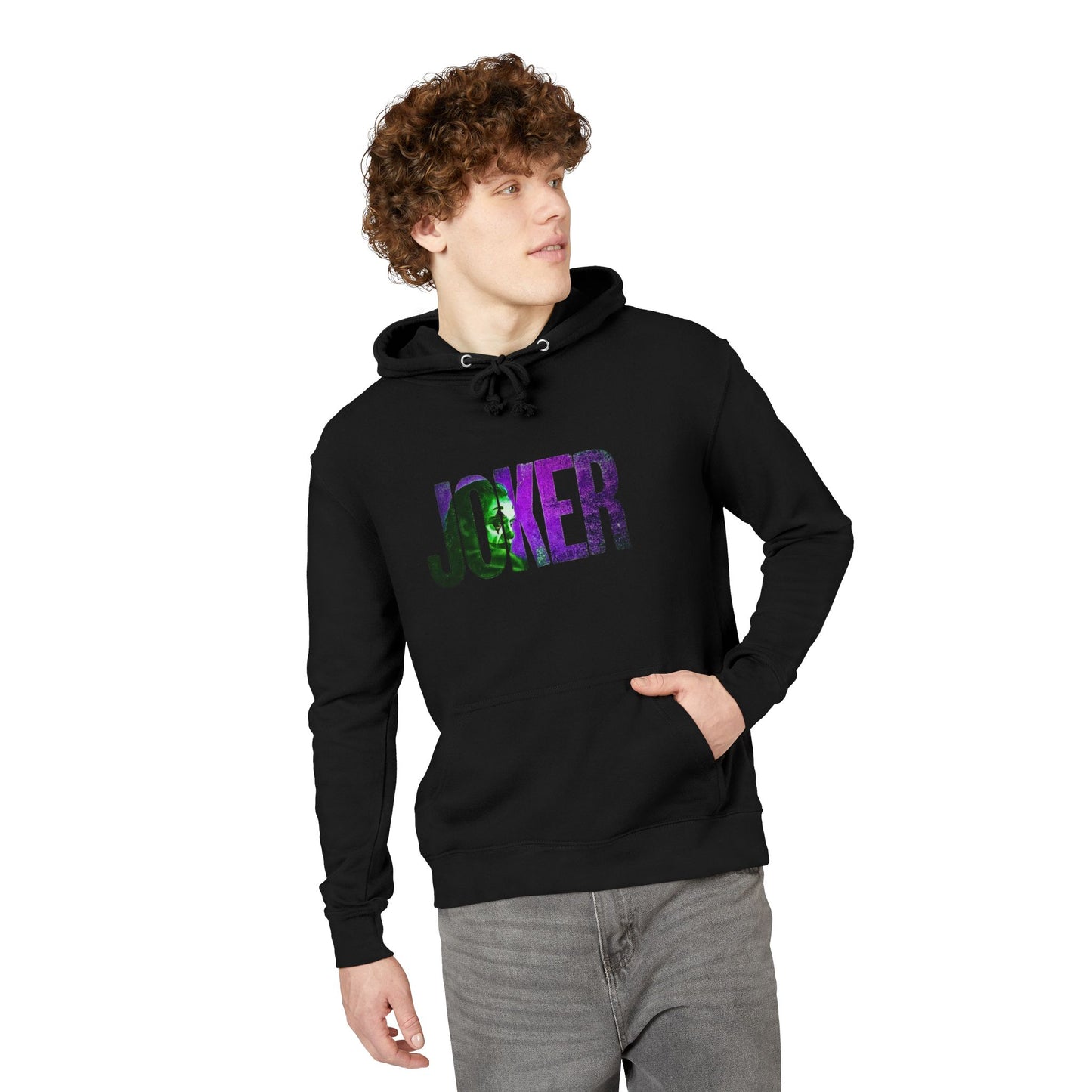 Person wearing a black hoodie with the word 'JOKER' printed in front of it