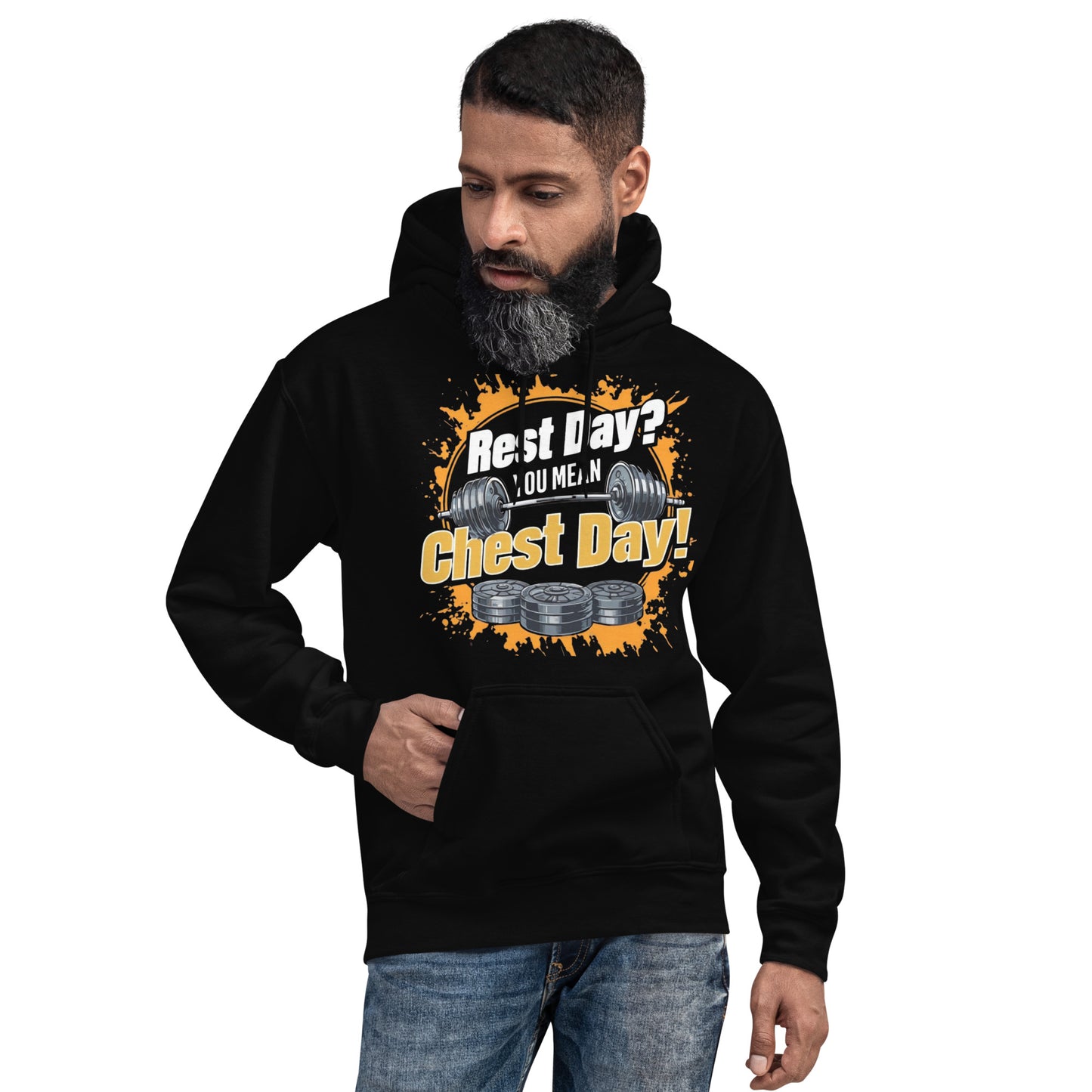 Smiling man wearing black "Rest Day? You Mean Chest Day!" fitness hoodie with weightlifting graphic in front of it.