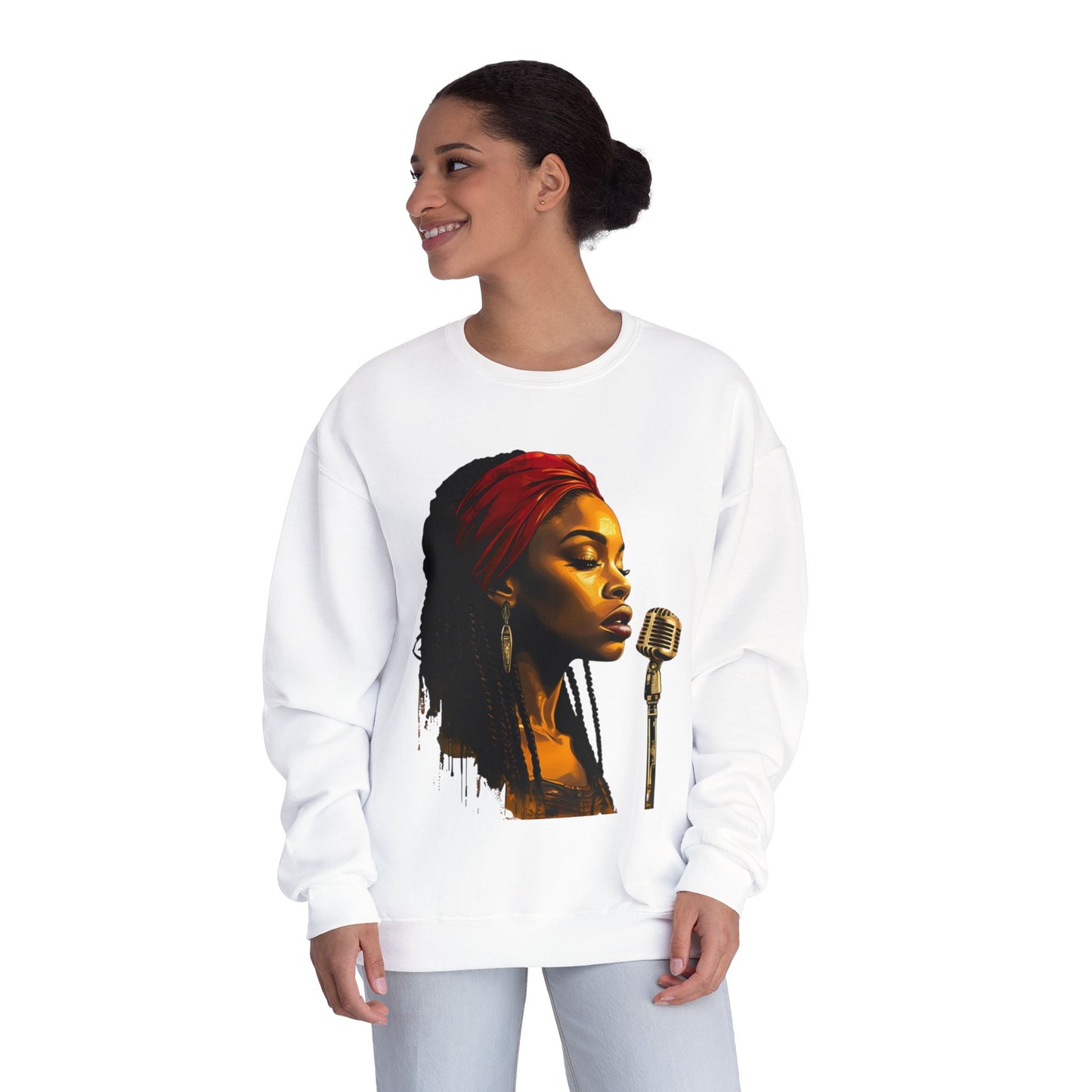 Woman wearing a white sweatshirt with a graphic design on a white background