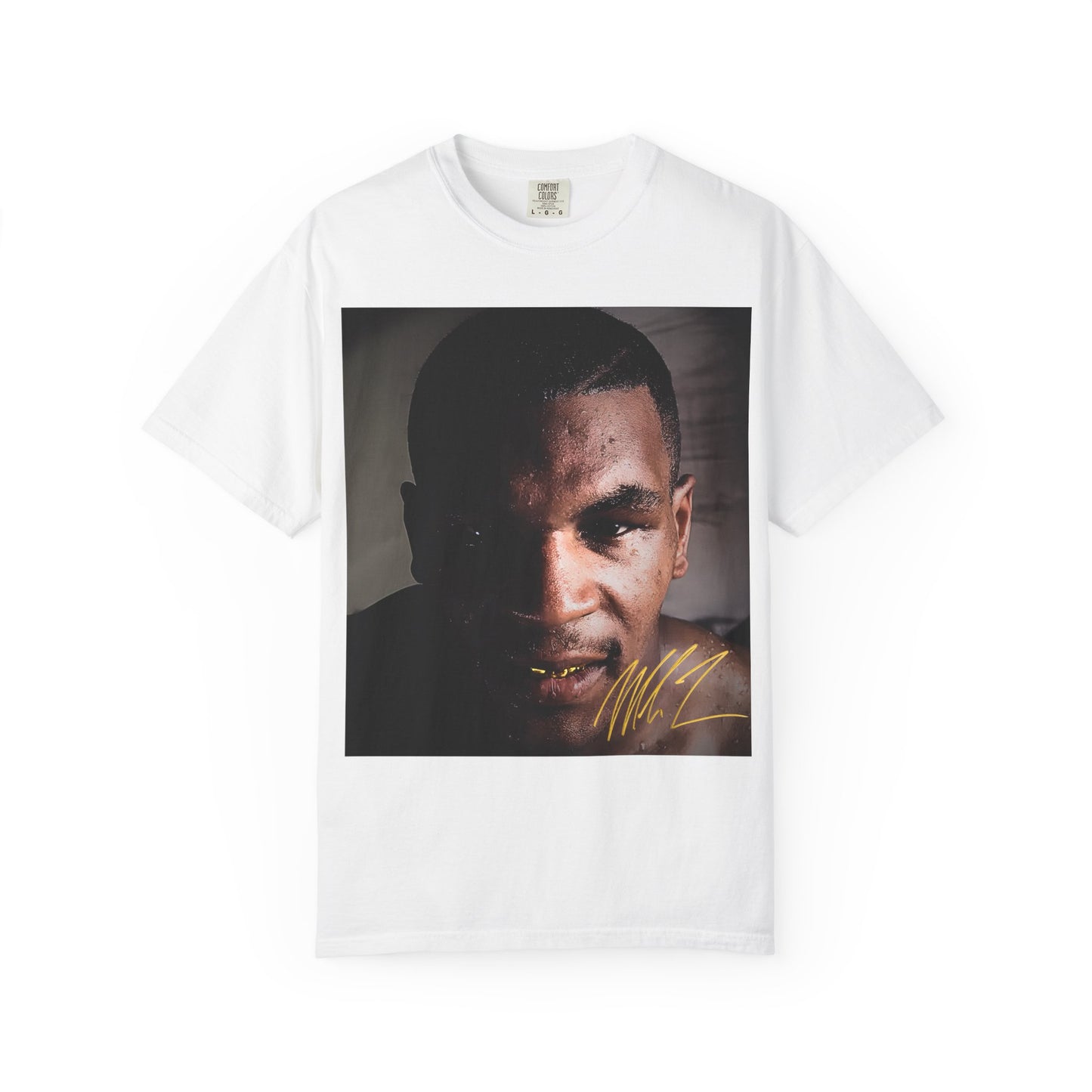 White t-shirt with a graphic of a mike tyson's face and signature on a white background