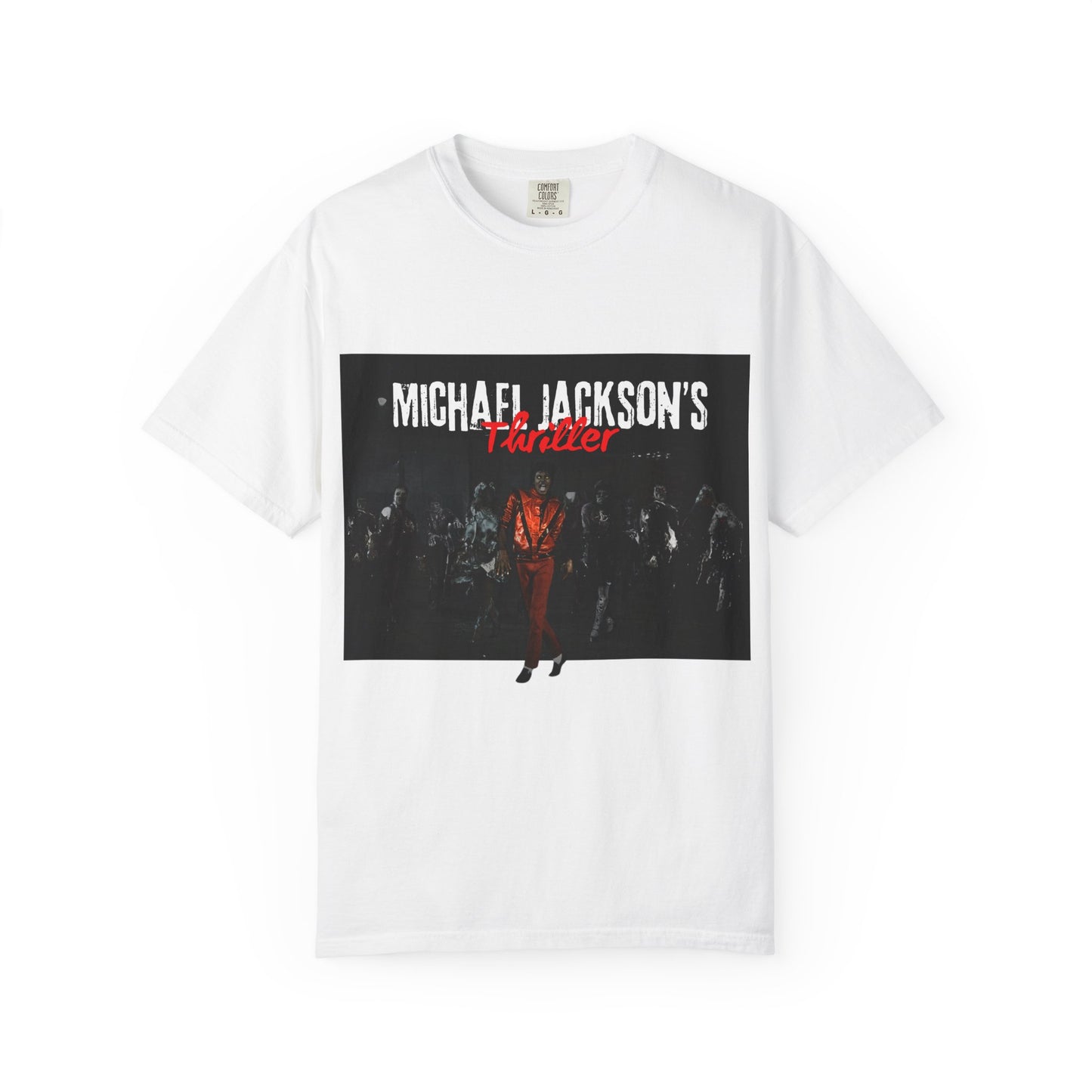 White t-shirt with Michael Jackson graphic and text on a white background