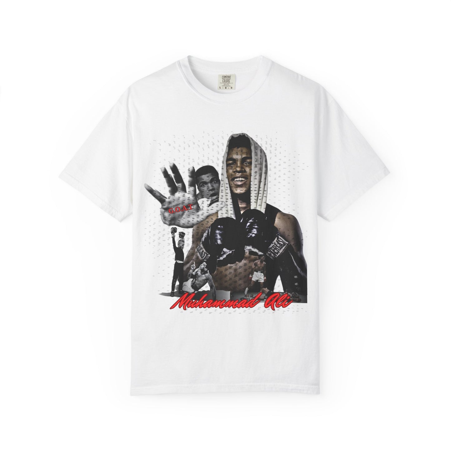 White t-shirt with a graphic of a muhammad ali and text on a white background