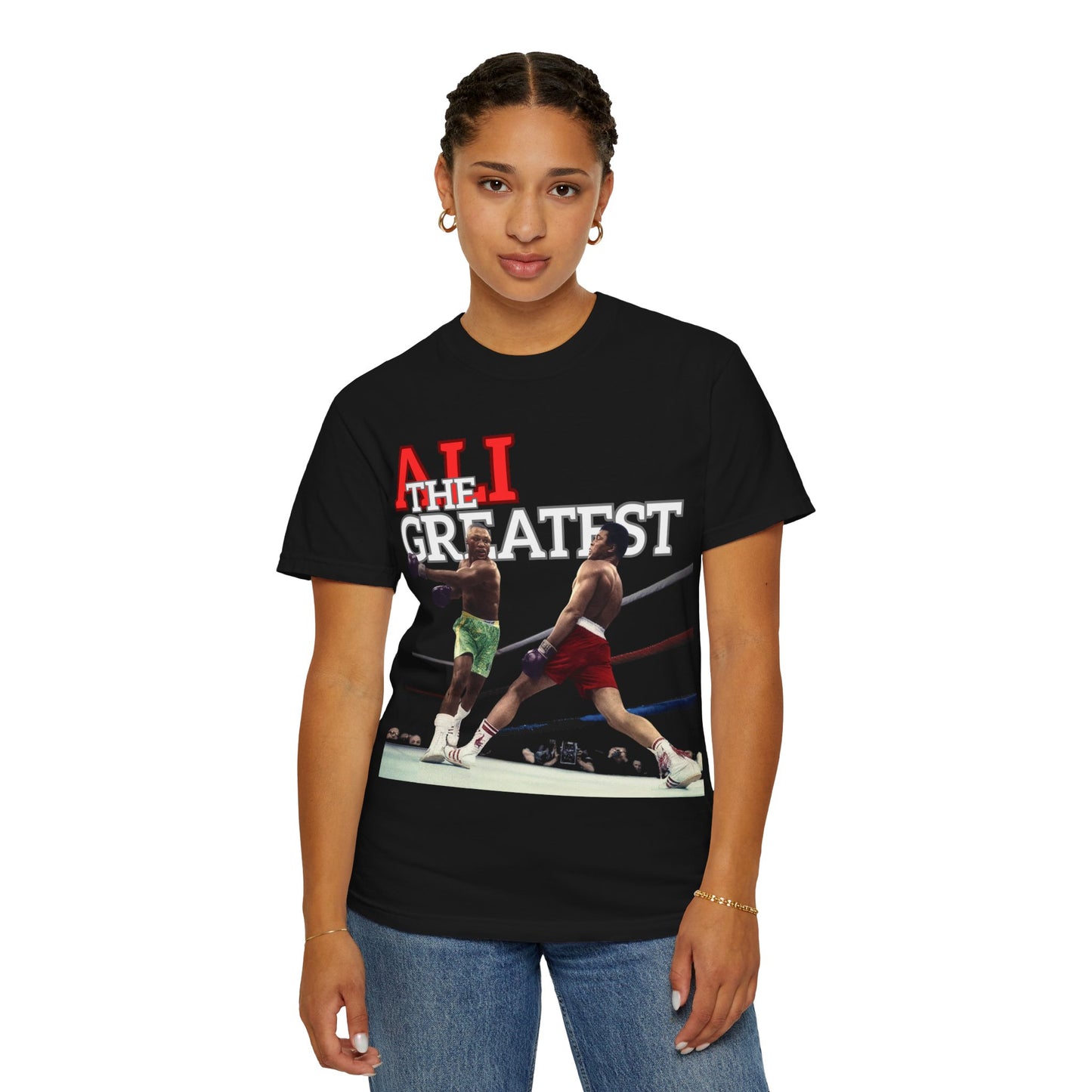 woman wearing a black t-shirt with Ali graphic and on a white background
