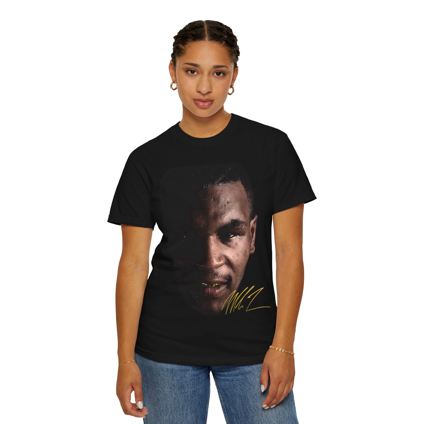 woman wearing a black t-shirt with a graphic design mike tyson's face