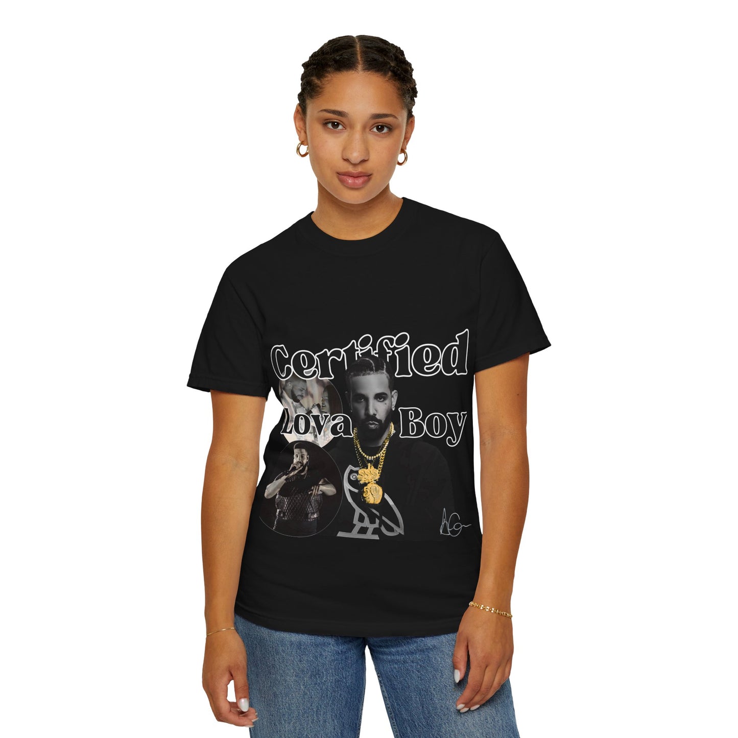 woman wearing a black graphic tee with graphic design and text