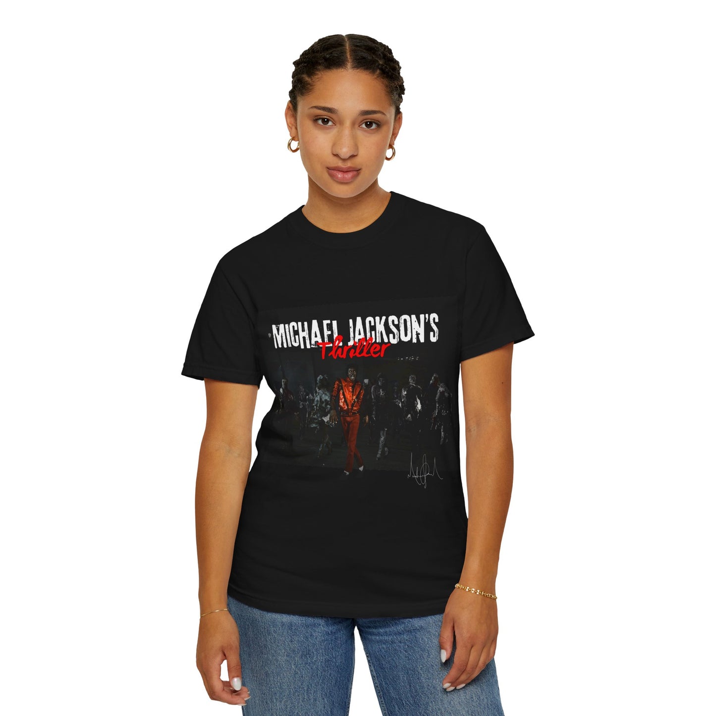 woman wearing a black t-shirt with 'Michael Jackson's Thriller' design on a white background