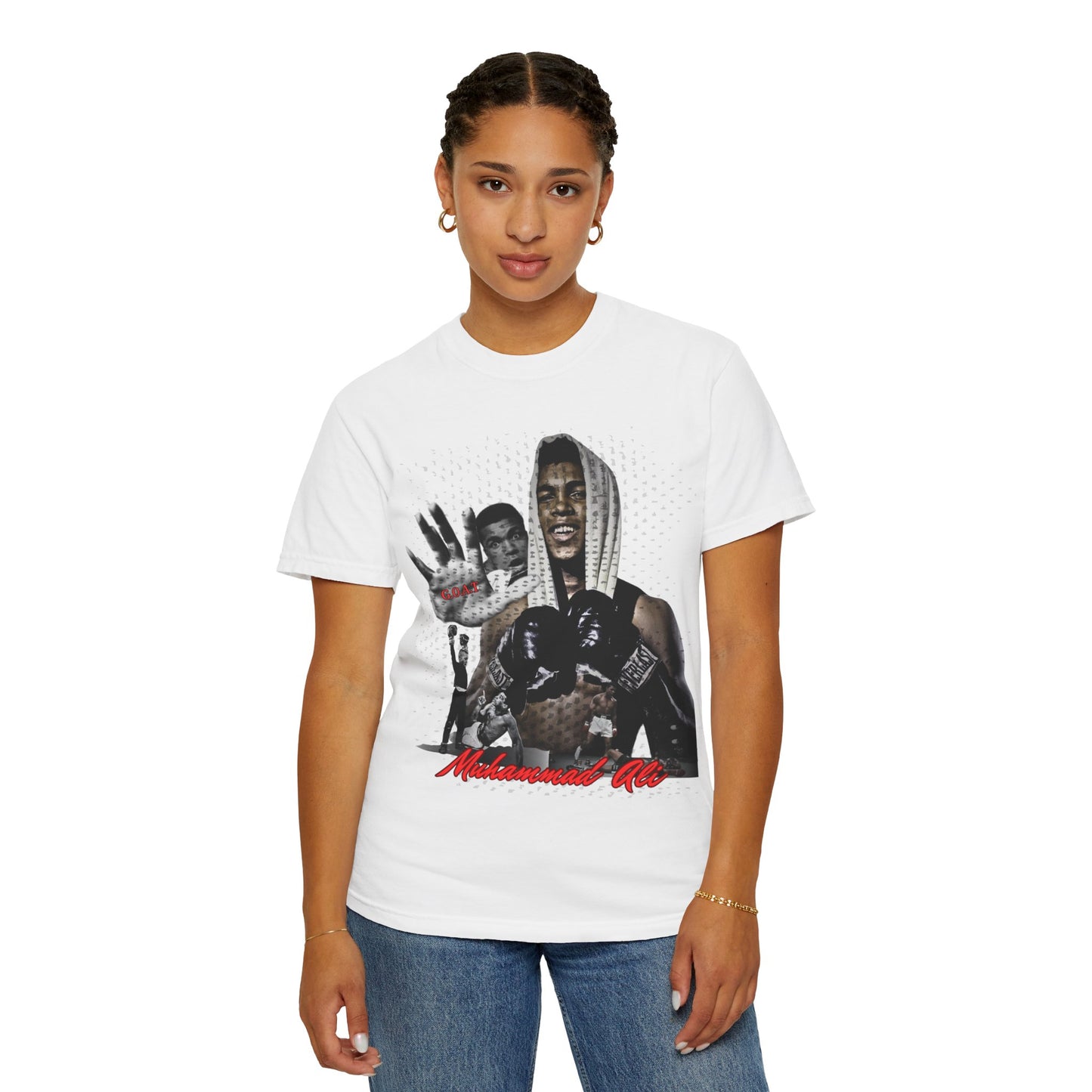 woman wearing a white t-shirt with a graphic design on a white background