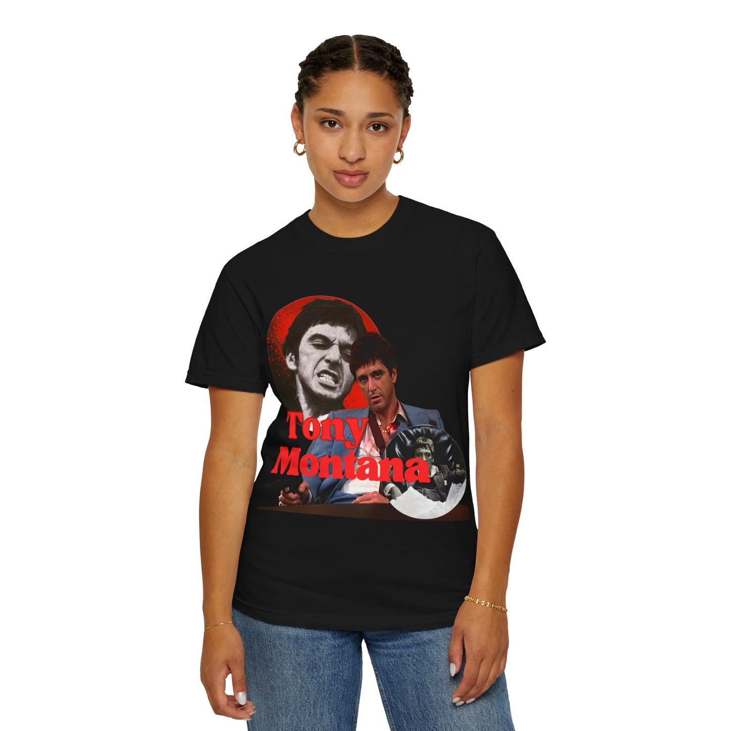 woman wearing a black t-shirt with 'Tony Montana' graphic design in front of it