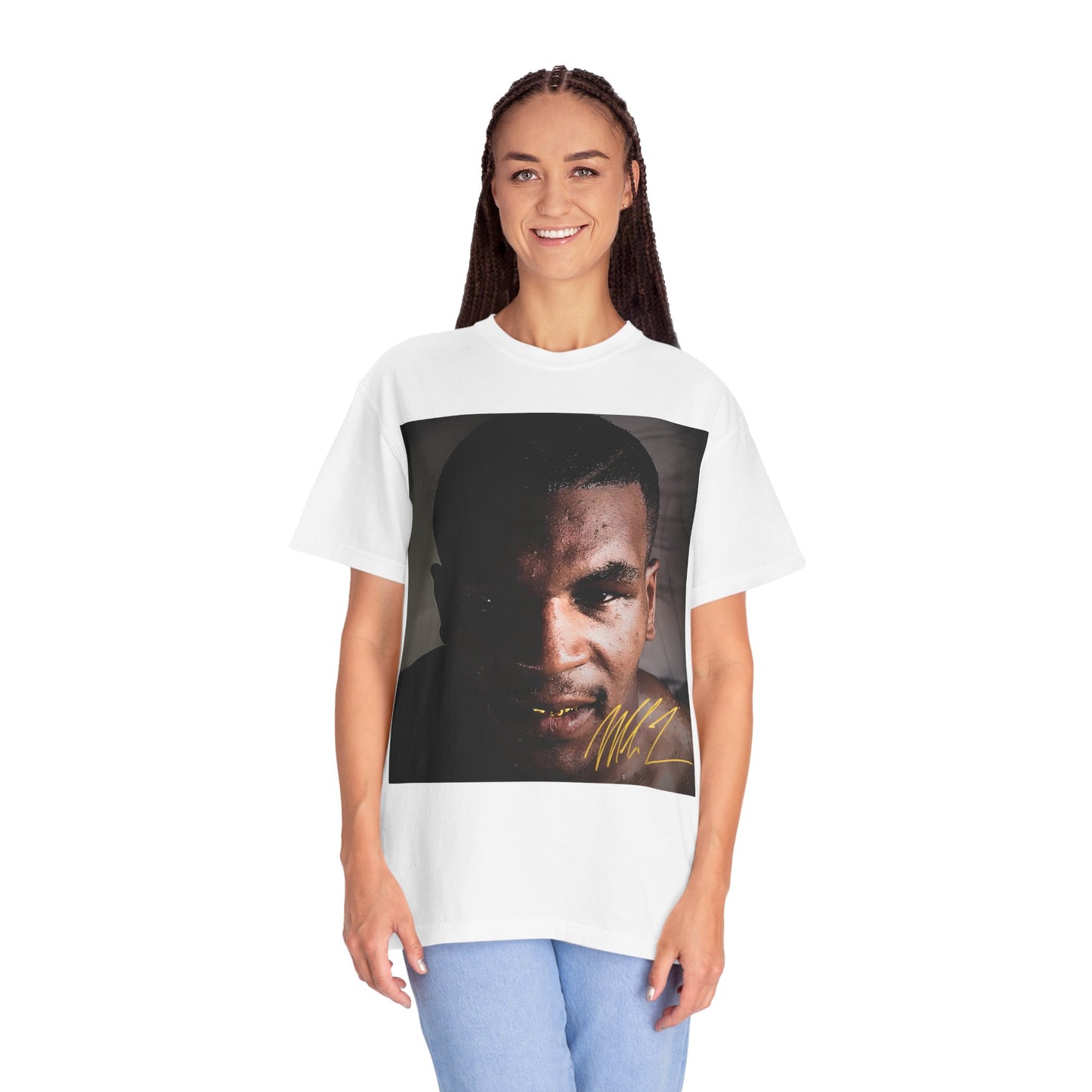 woman wearing a white t-shirt with a graphic of mike tyson's face and signature