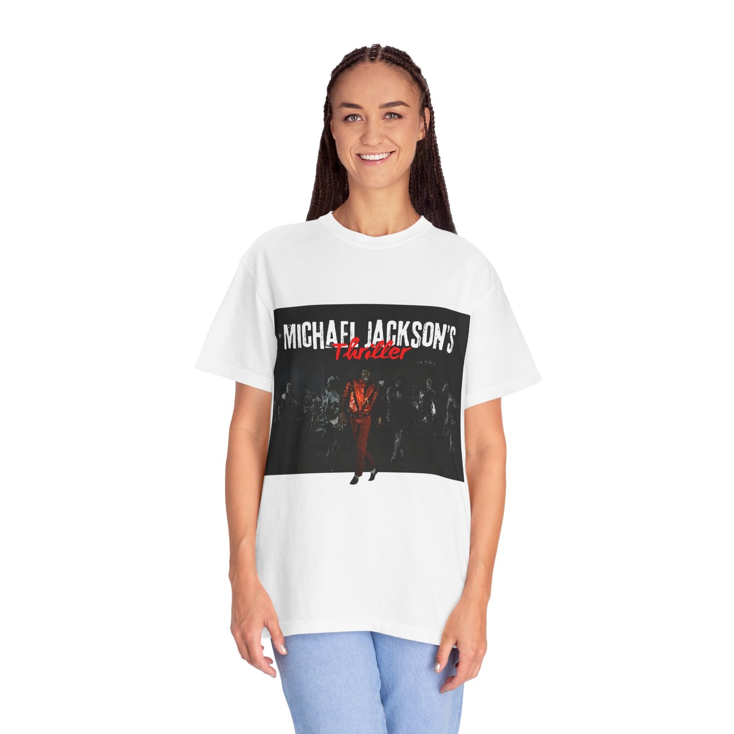 woman wearing a white t-shirt with 'Michael Jackson's Thriller' graphic design
