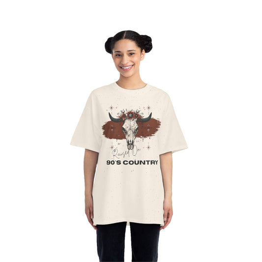 woman wearing a cream t-shirt with a bull graphic and text on a white background