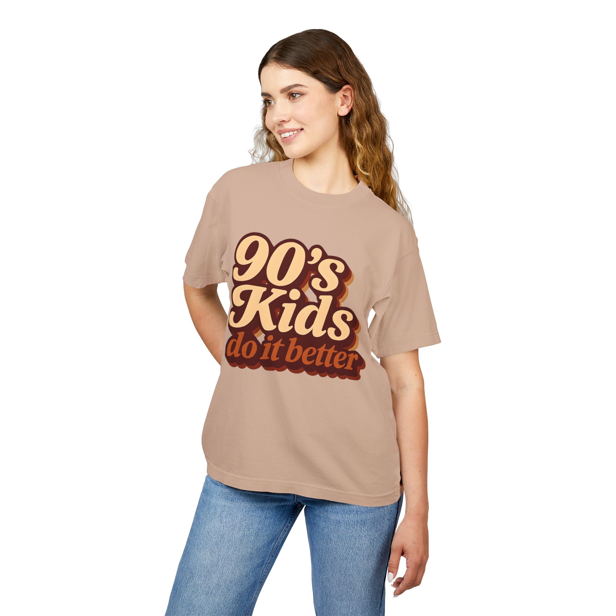 Woman wearing a burro t-shirt with '90's Kids do it better' text on a white background