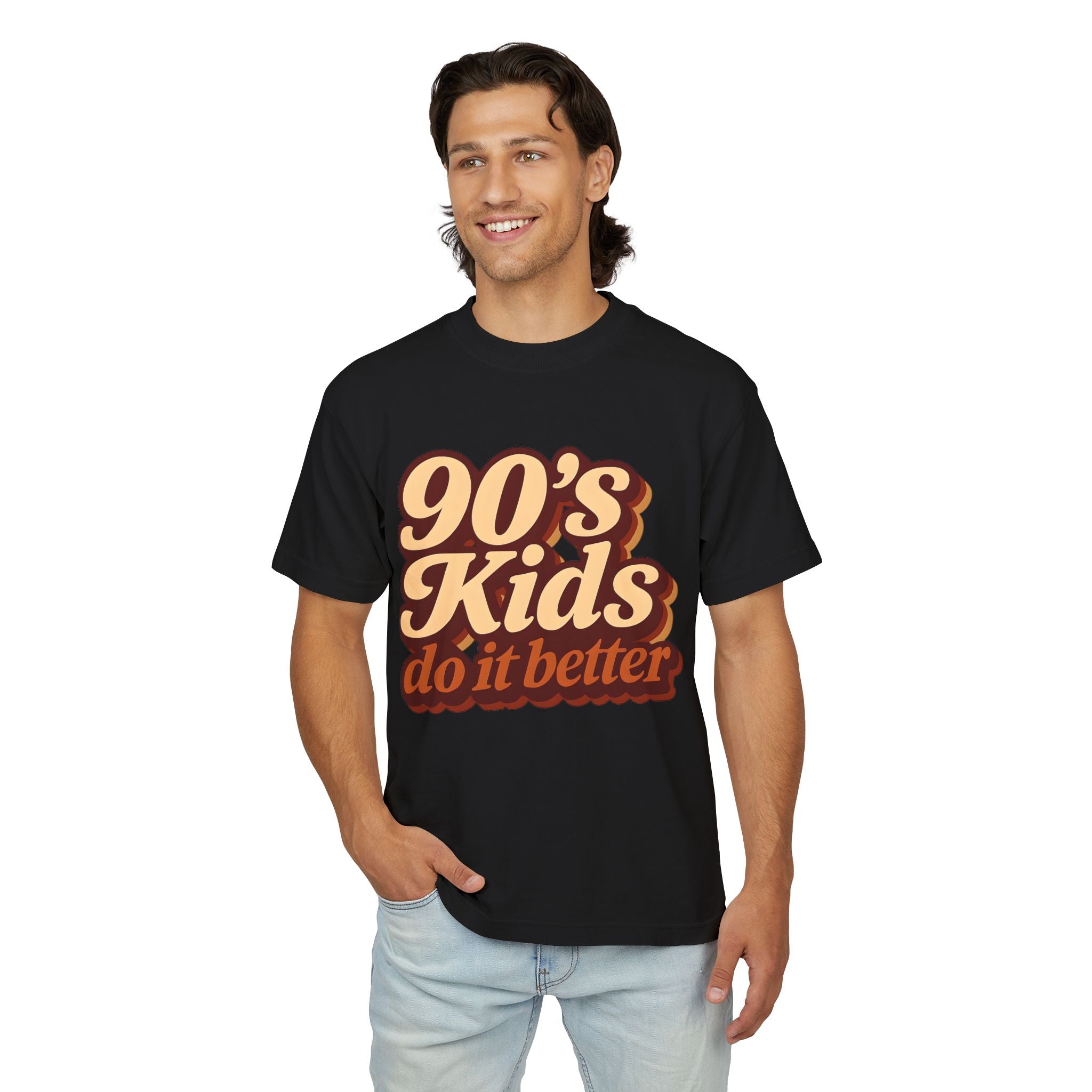 Man wearing a black t-shirt with '90's Kids do it better' text on a white background