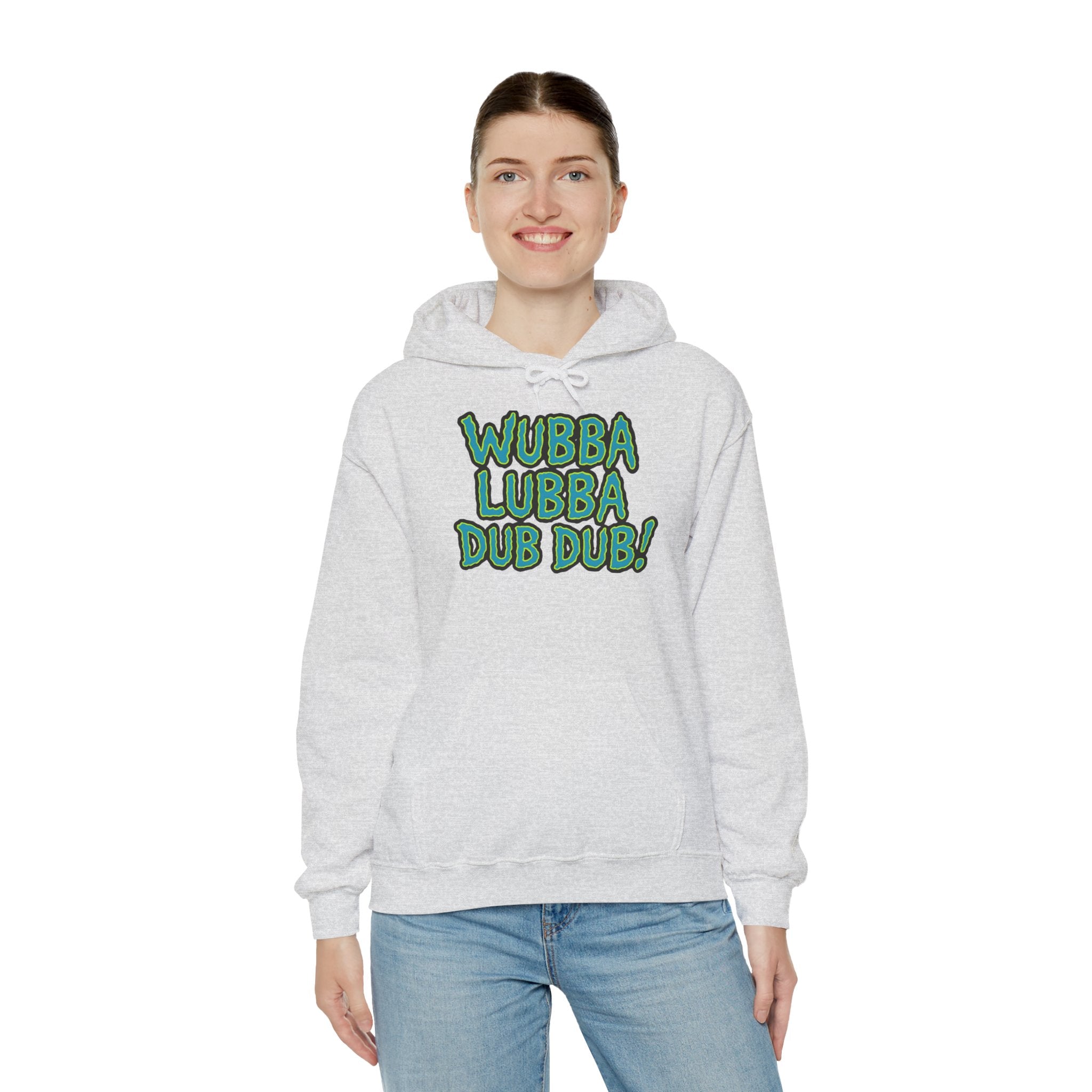 Person wearing a gray hoodie with 'Wubba Lubba Dub Dub!' text on a white background
