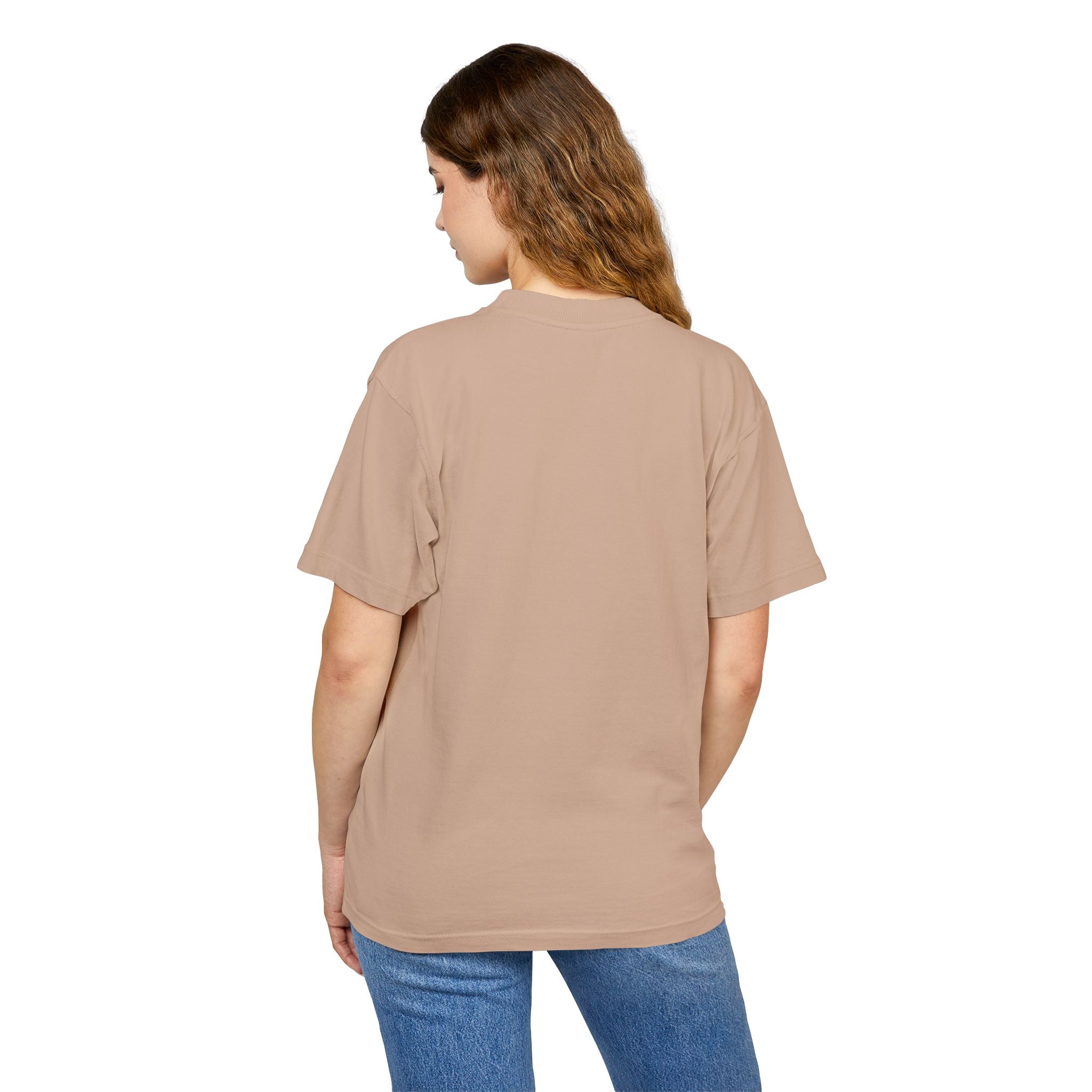 Woman turned around showing the plain back of the burro brown 90’s themed graphic t-shirt