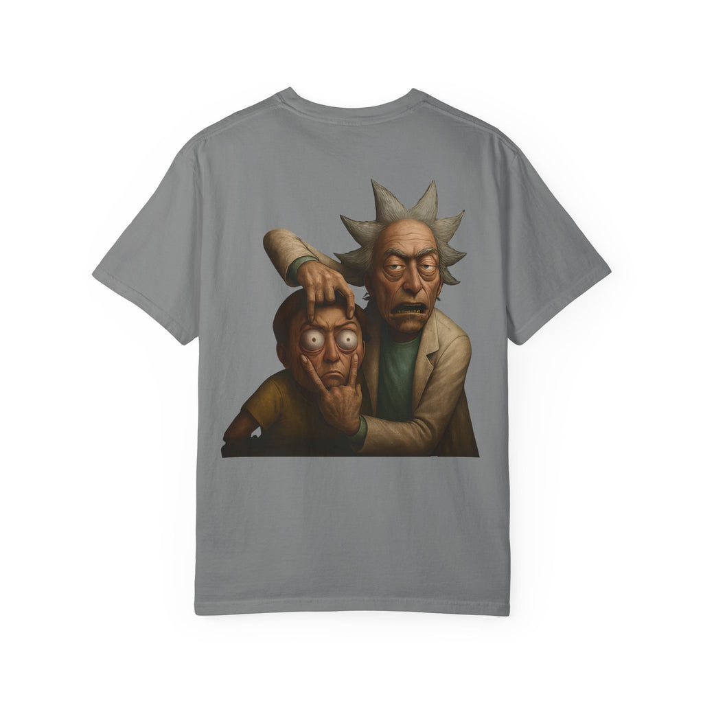 Back view of gray shirt featuring Rick holding Morty’s eyes open in a surreal animated artwork