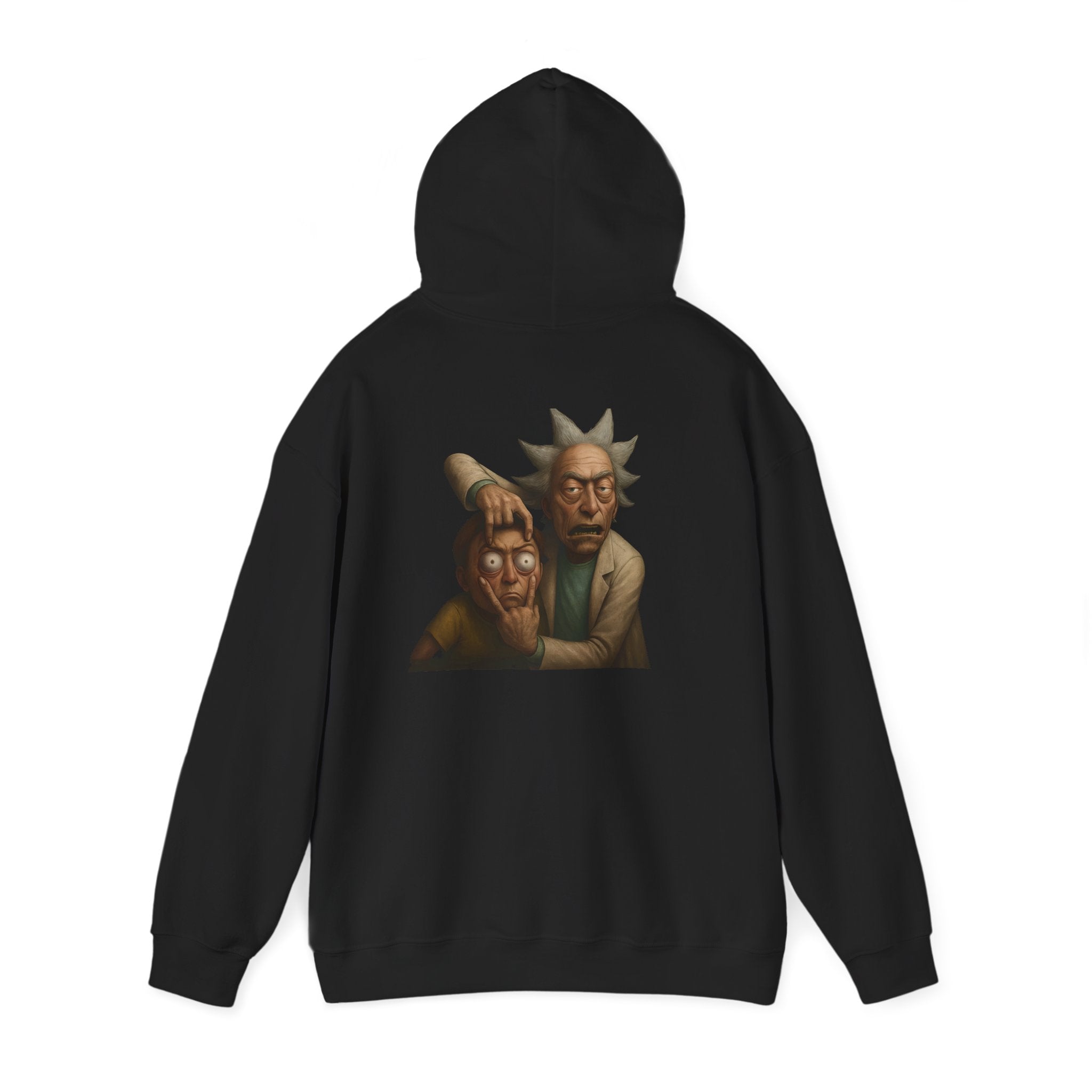 Black hoodie back with surreal cartoon of Rick grabbing Morty’s face