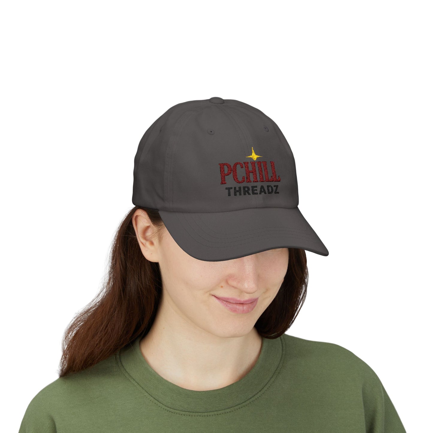 Person wearing a dark gray cap with 'PChill Threadz' logo on a white background