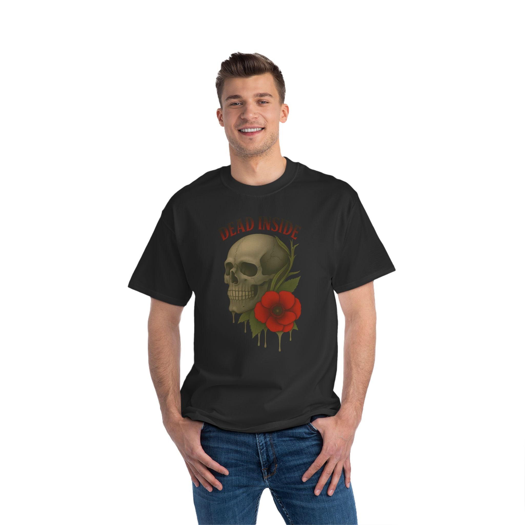 Man wearing a black t-shirt with a skull and red flower design on a white background