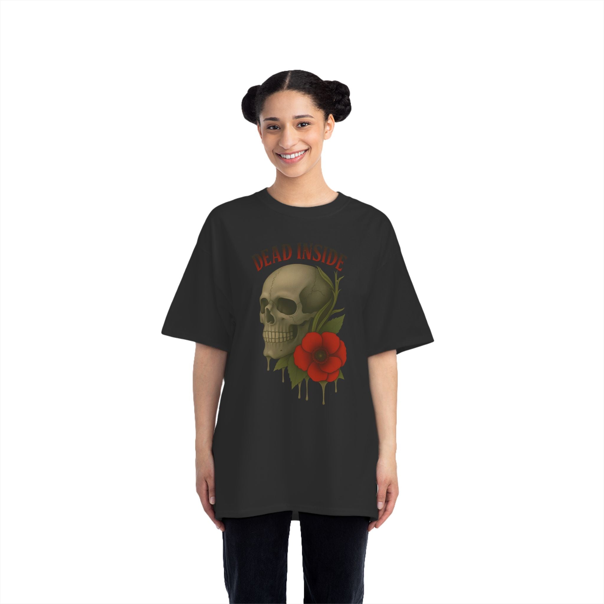 woman wearing a black t-shirt with a skull and flower design on a white background