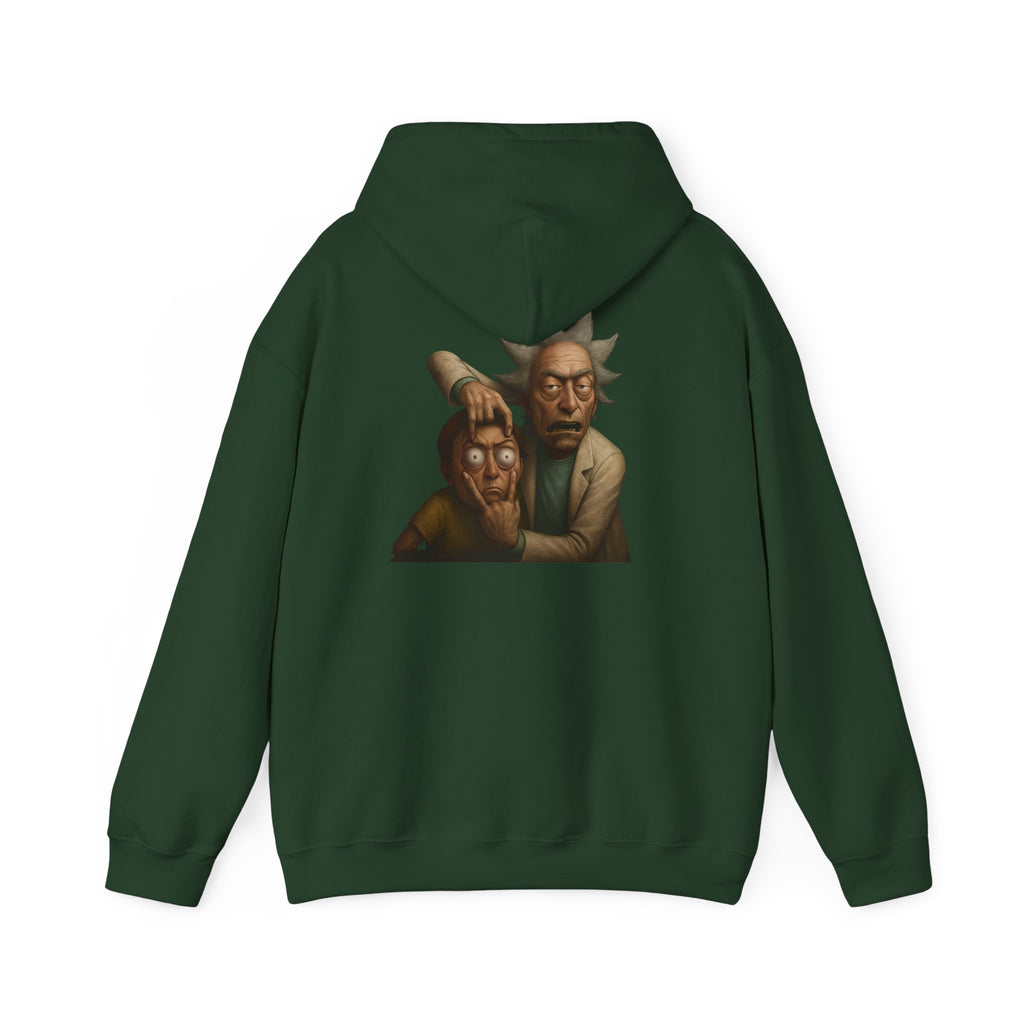 Forest Green hoodie featuring Rick lifting Morty’s face in dark animated back design