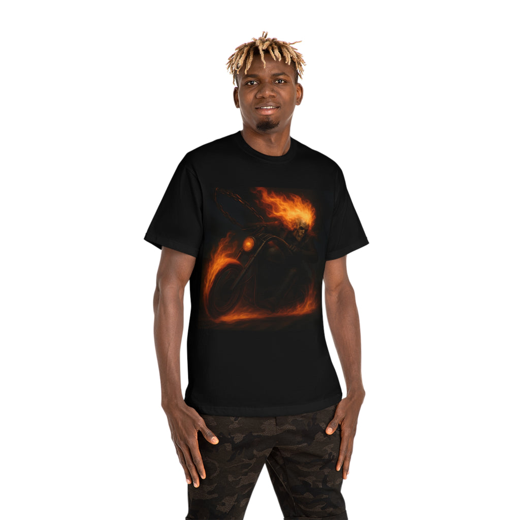 man wearing a black t-shirt with a fiery graphic design on a white background